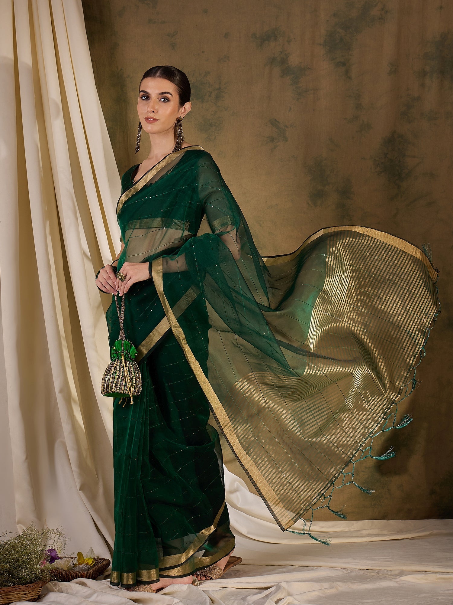 Leaf Green Woven Organza Saree