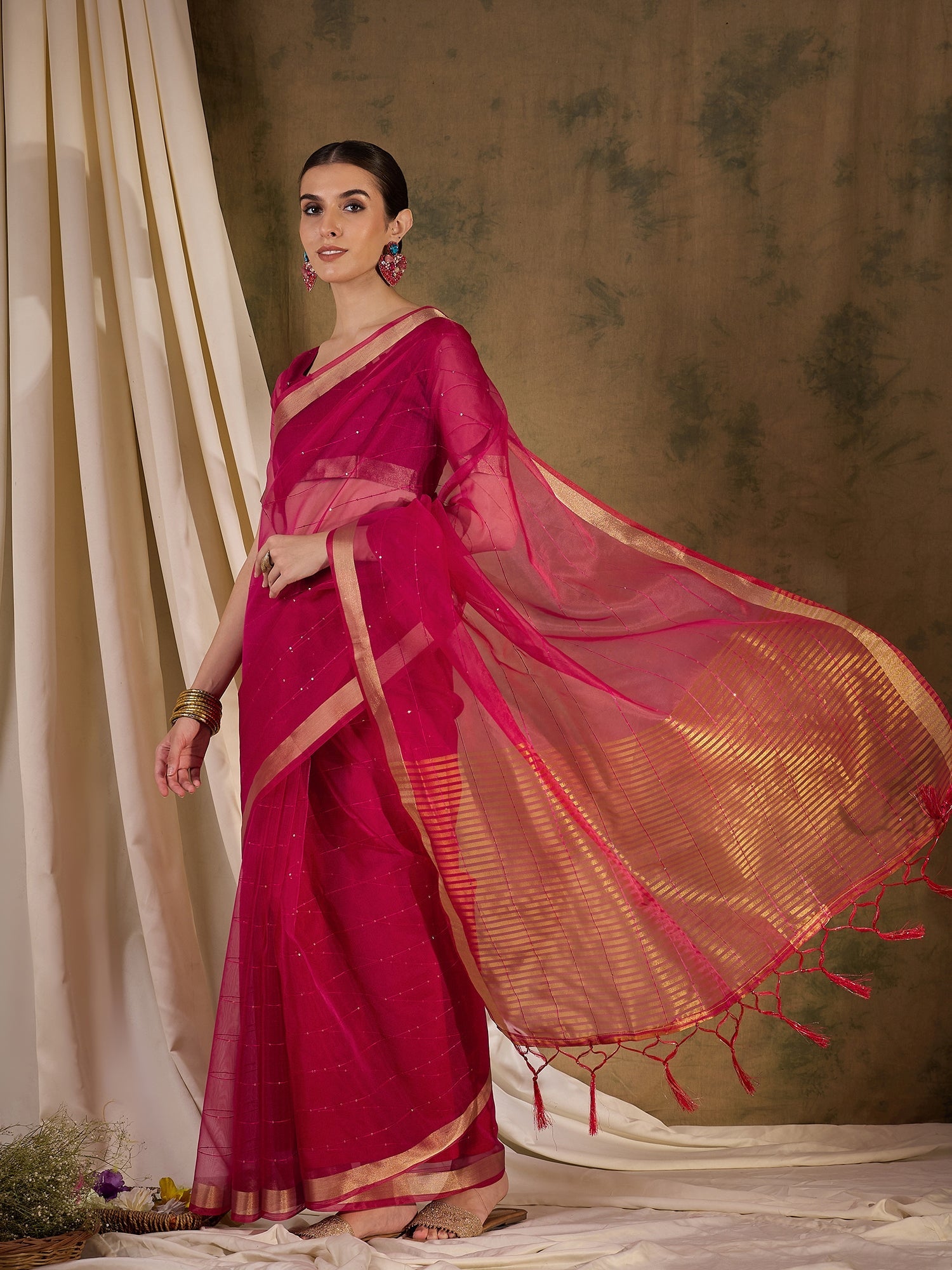 Rose Pink Woven Organza Saree