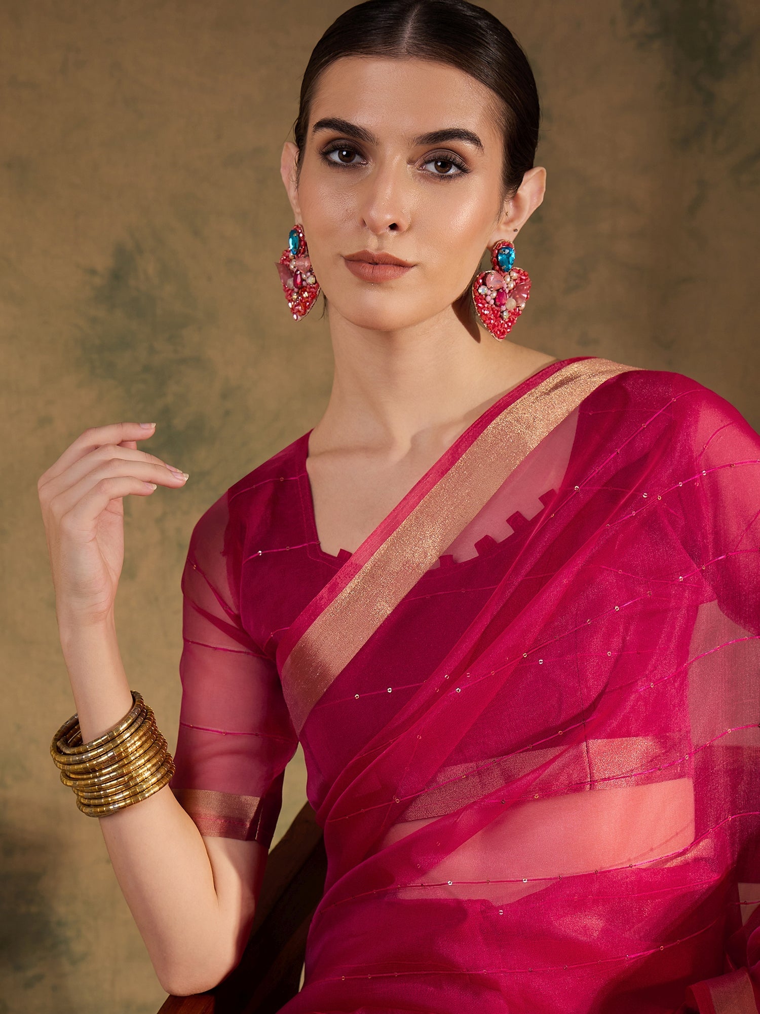 Rose Pink Woven Organza Saree