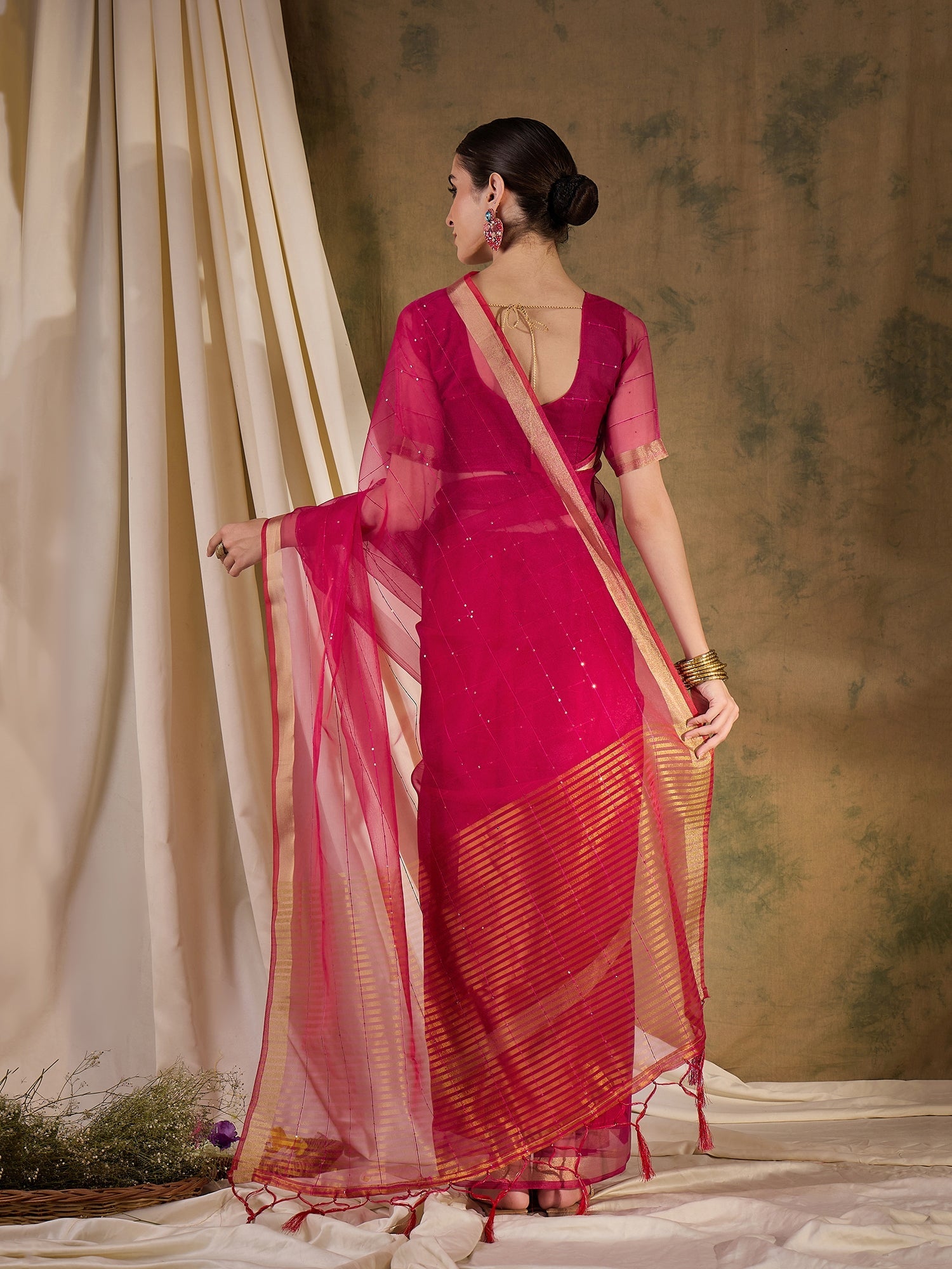 Rose Pink Woven Organza Saree