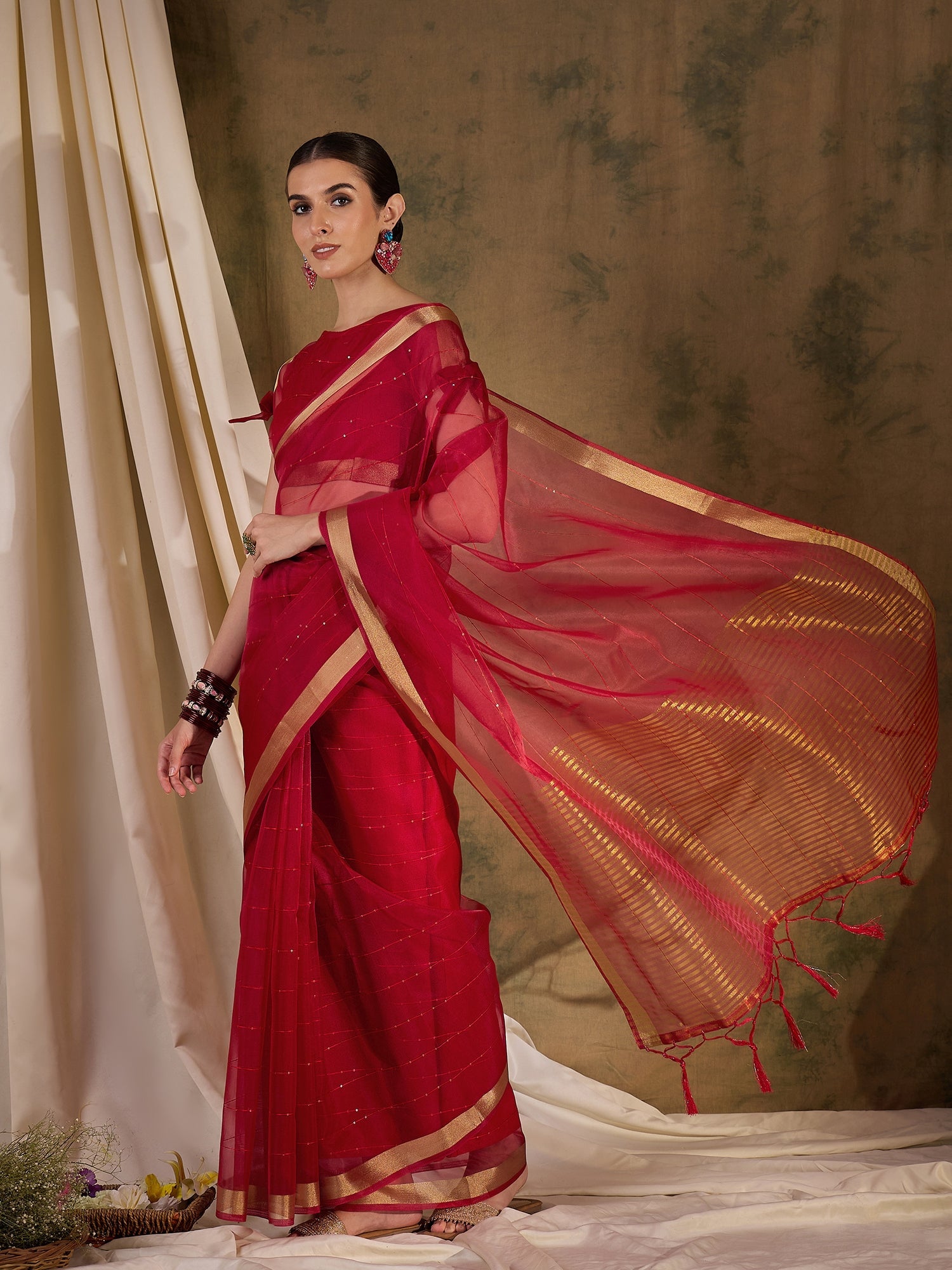 Cherry Red Woven Organza Saree