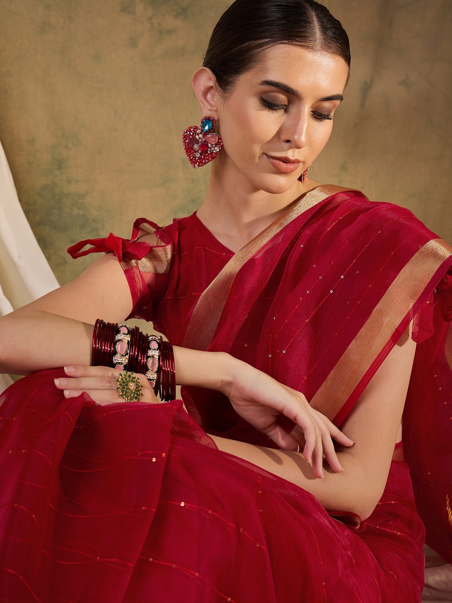 Cherry Red Woven Organza Saree