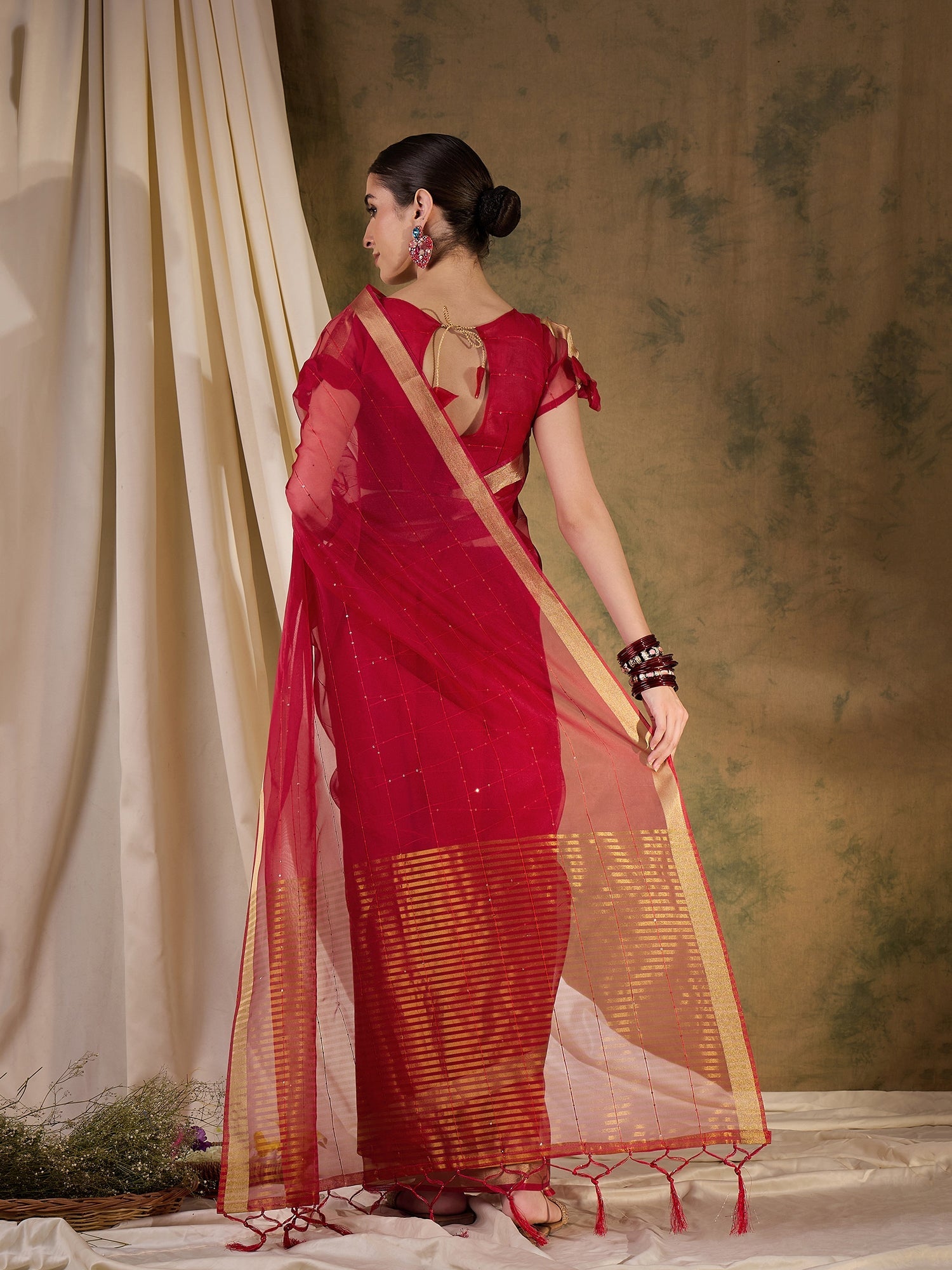 Cherry Red Woven Organza Saree