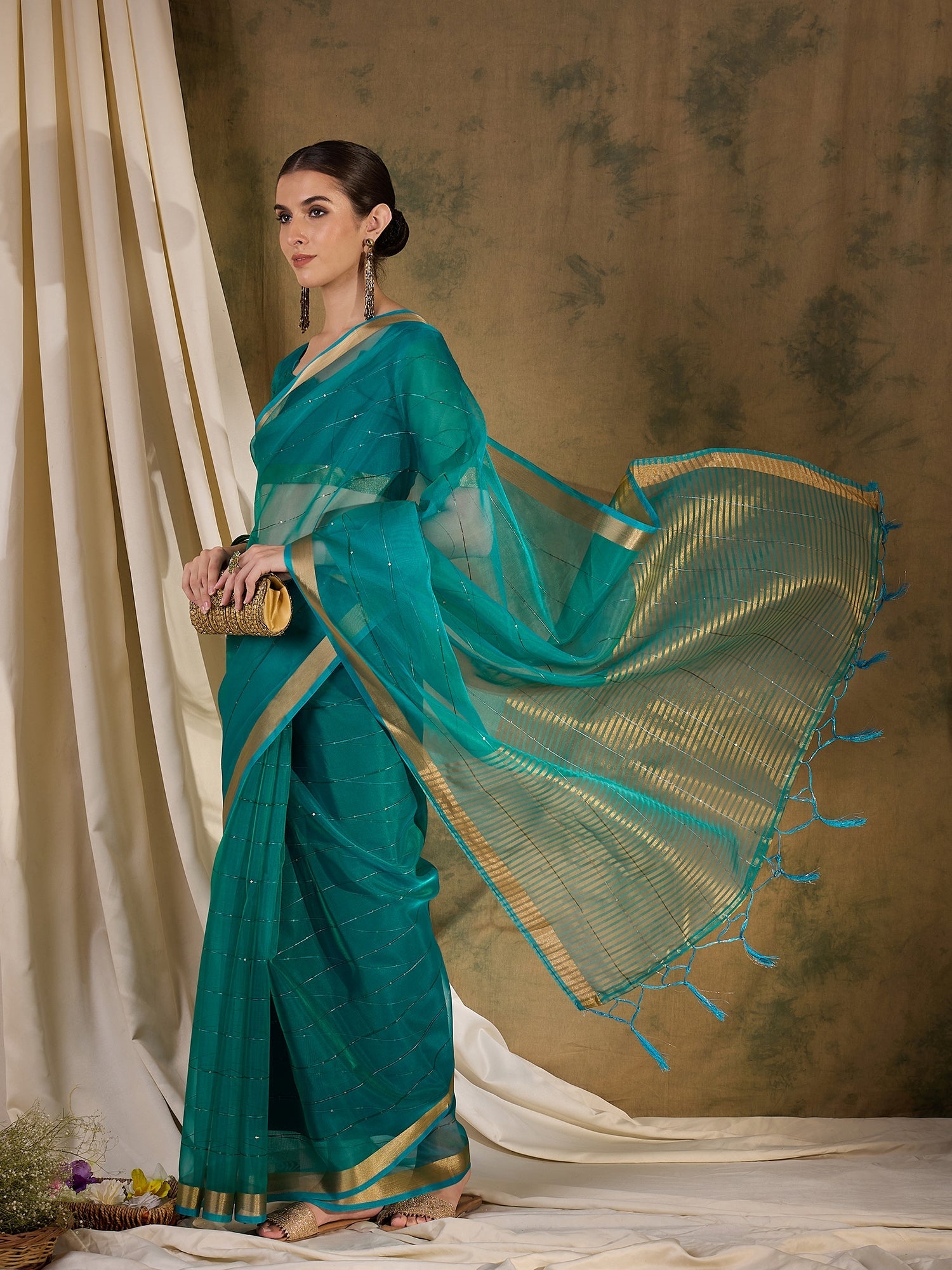 Blue Stone Woven Organza Saree