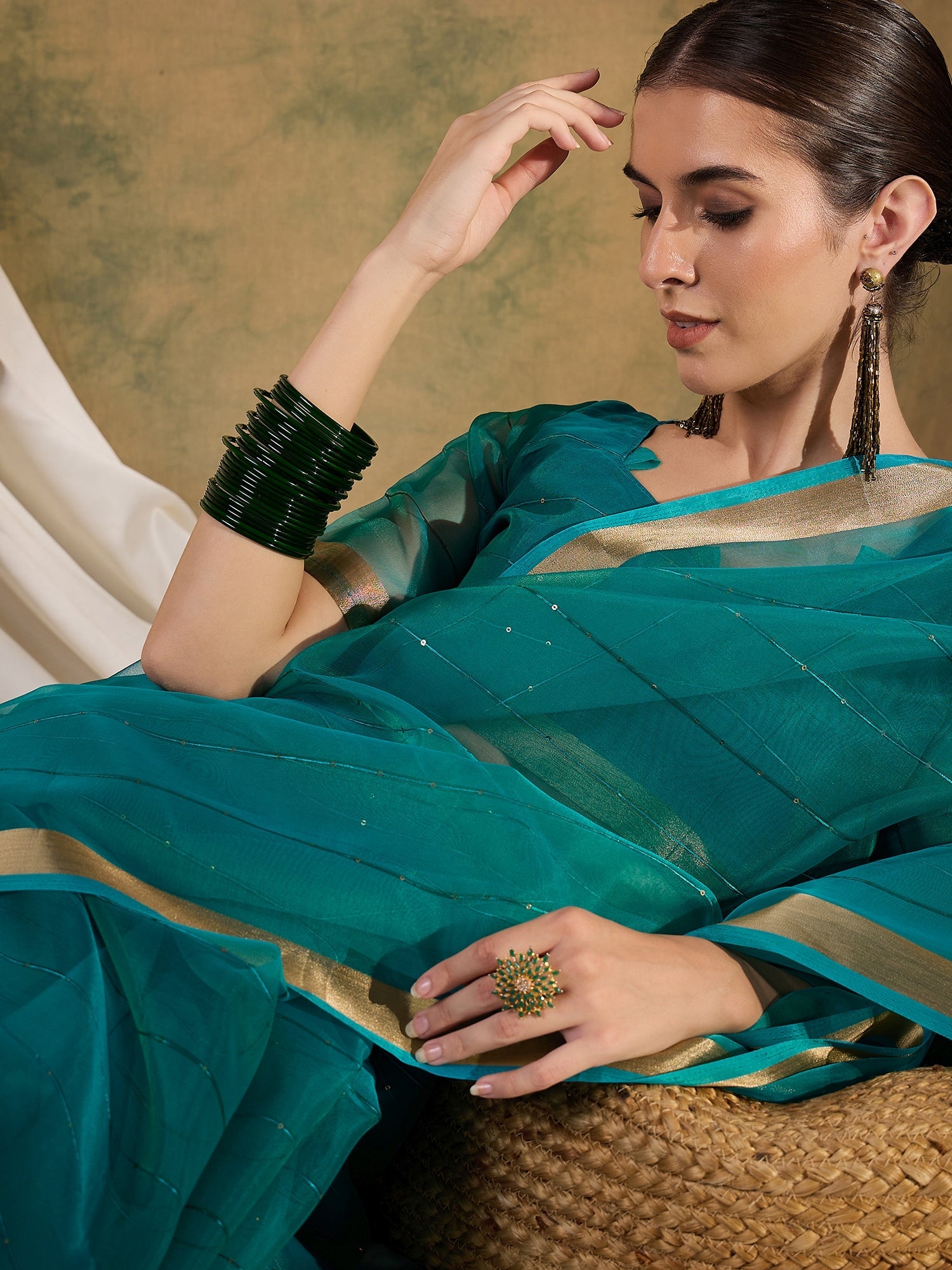 Blue Stone Woven Organza Saree