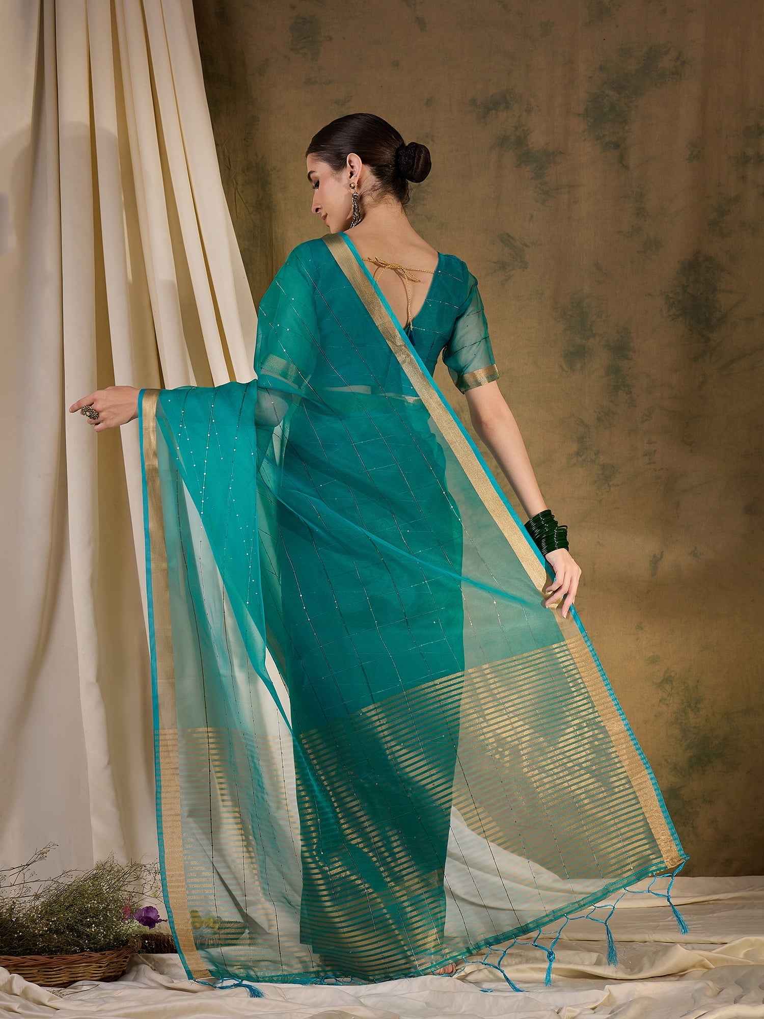 Blue Stone Woven Organza Saree