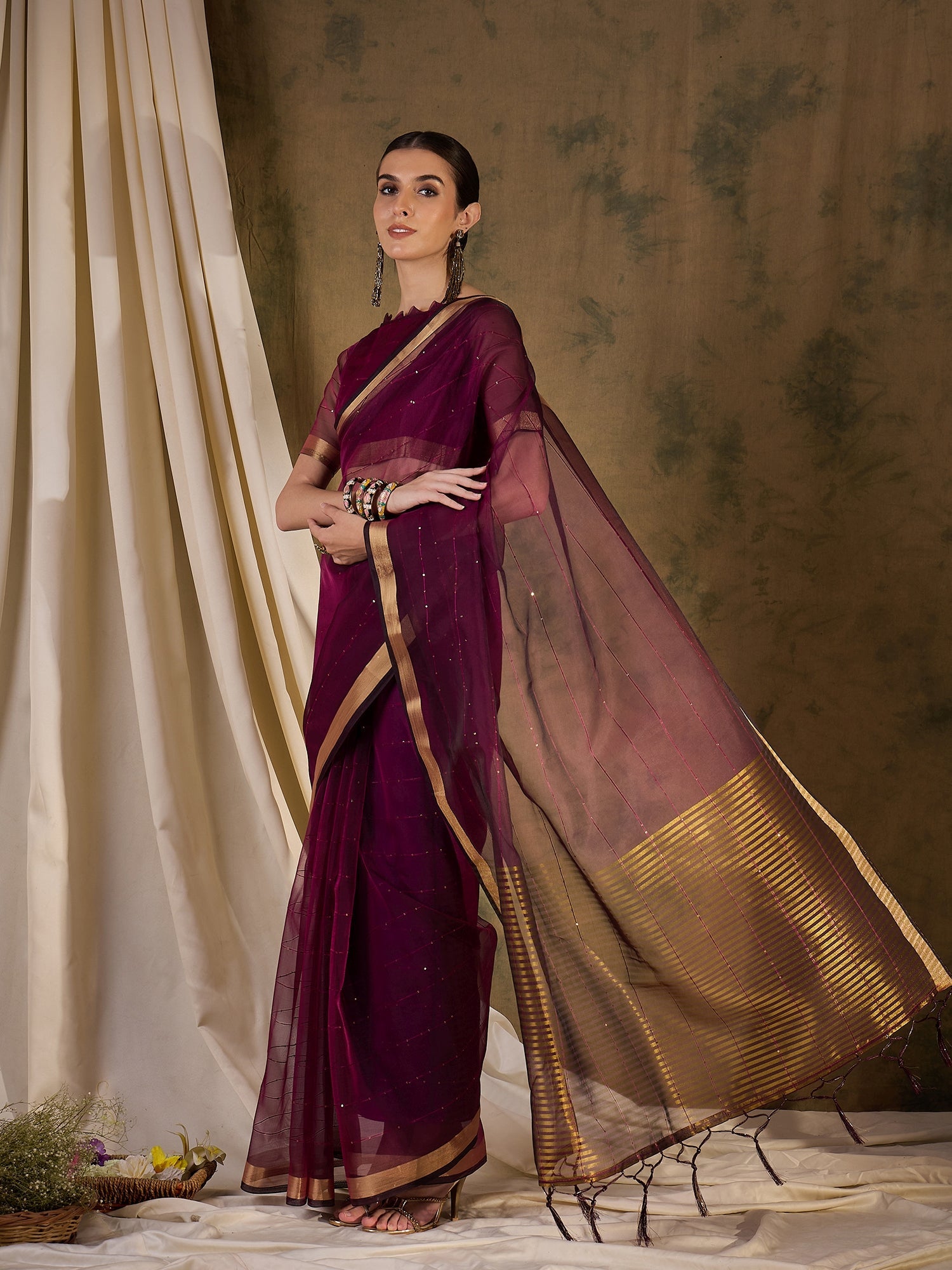 Americano Brown Woven Organza Saree