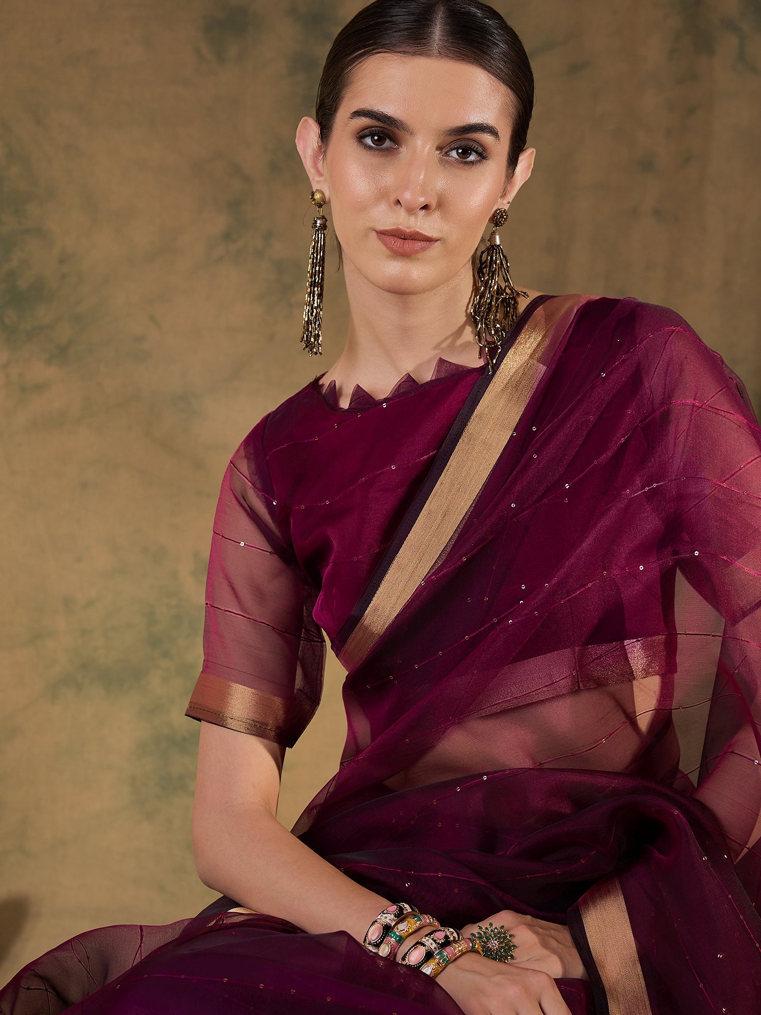 Americano Brown Woven Organza Saree