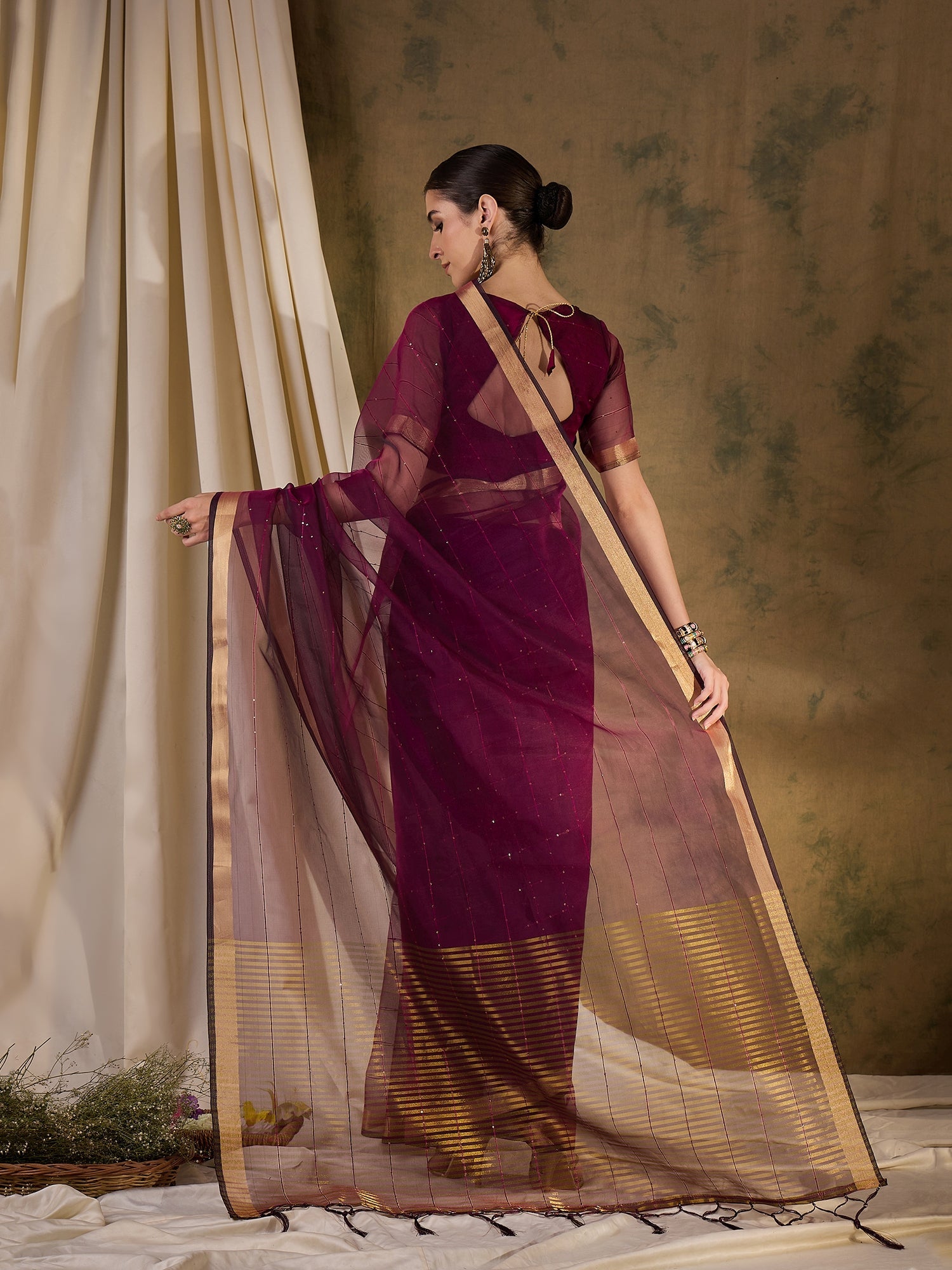 Americano Brown Woven Organza Saree