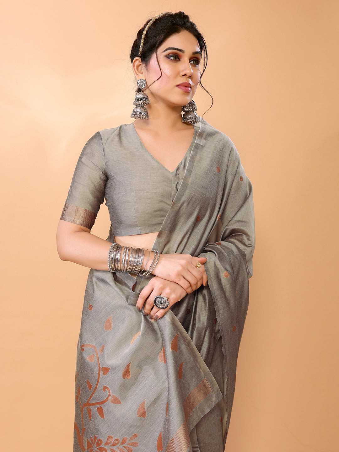 Nomad Grey Woven Chanderi Cotton Saree