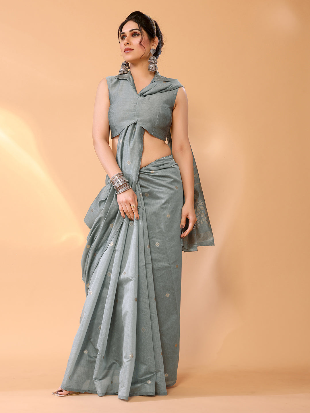 Mantle Grey Woven Chanderi Cotton Saree