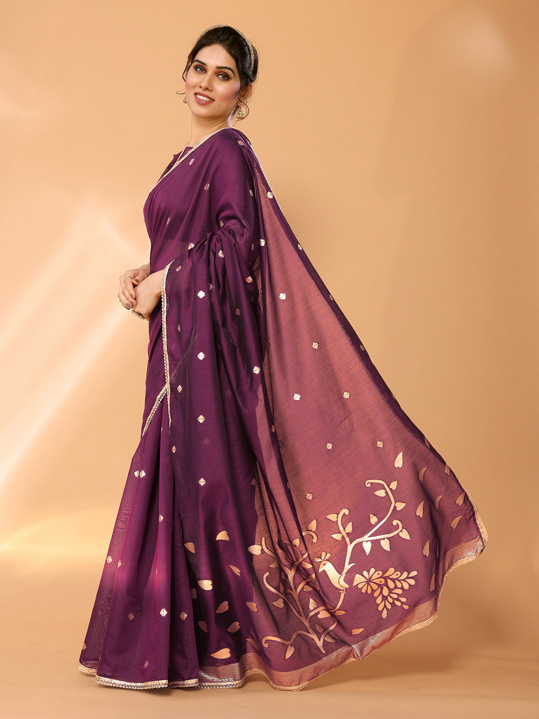 Tawny Port Purple Woven Chanderi Cotton Saree