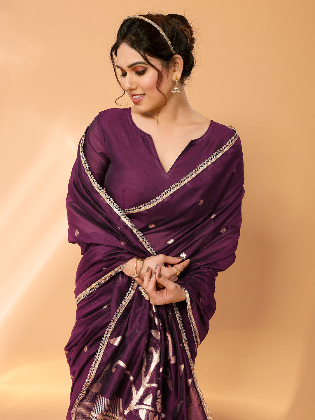 Tawny Port Purple Woven Chanderi Cotton Saree