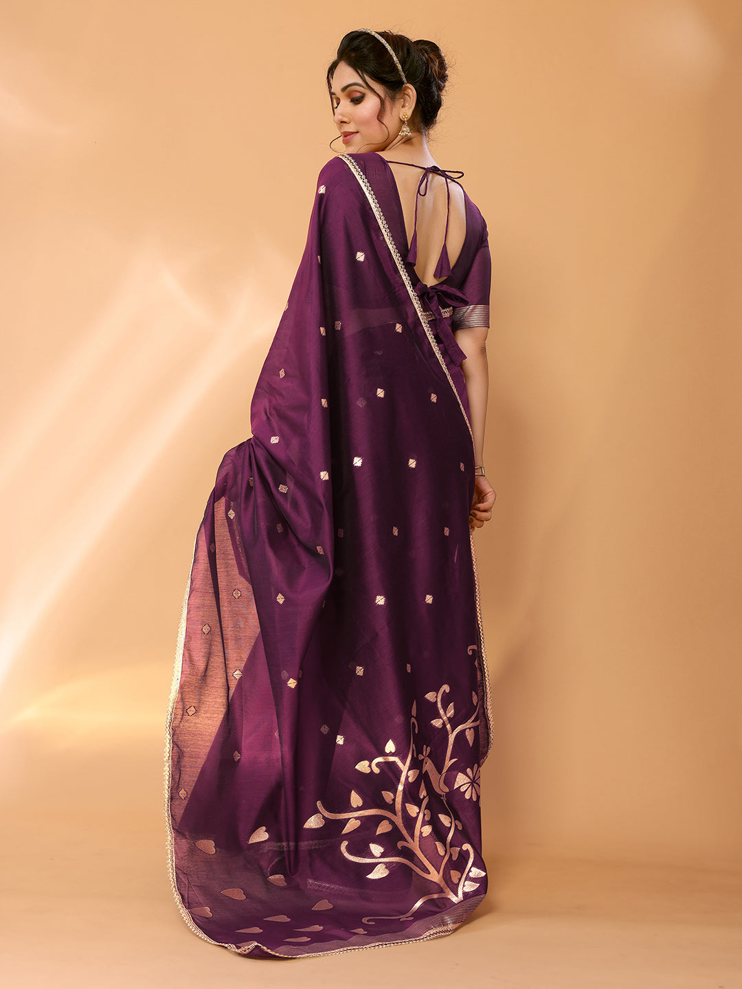 Tawny Port Purple Woven Chanderi Cotton Saree