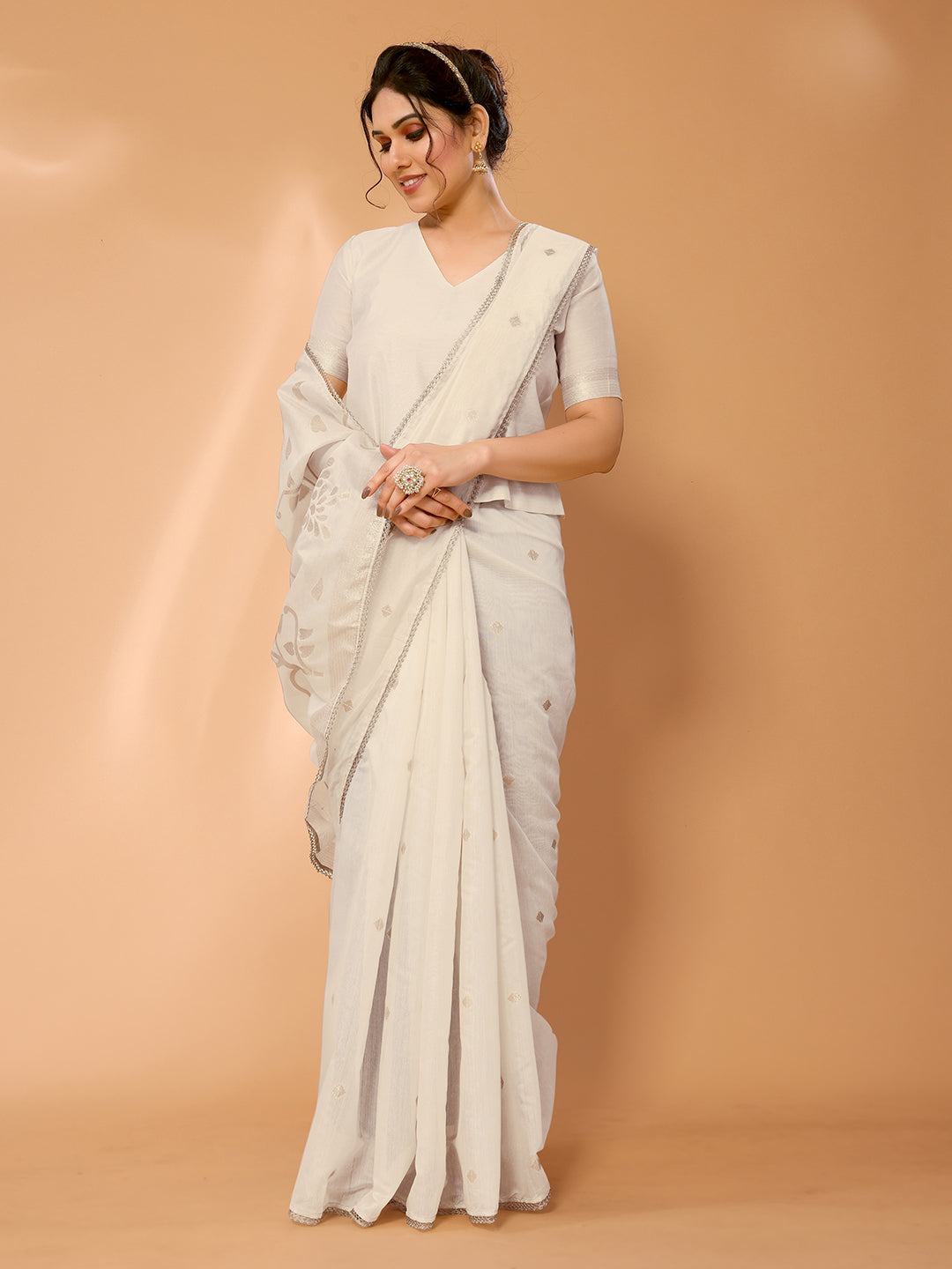 Bone White Woven Chanderi Cotton Saree