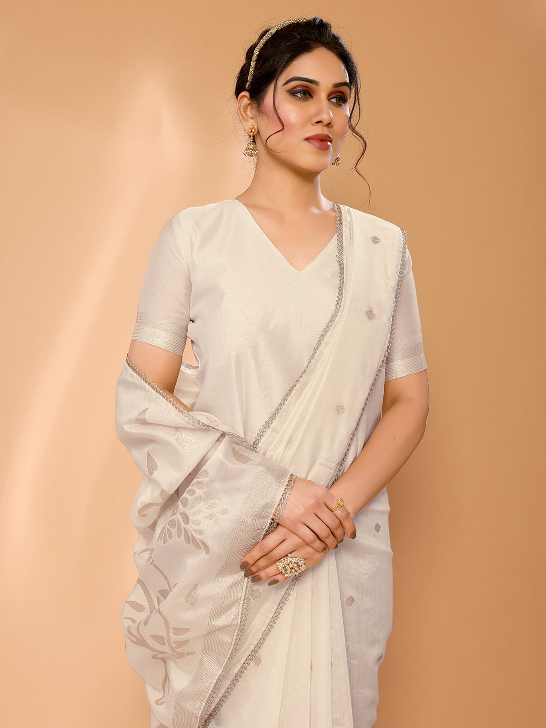 Bone White Woven Chanderi Cotton Saree