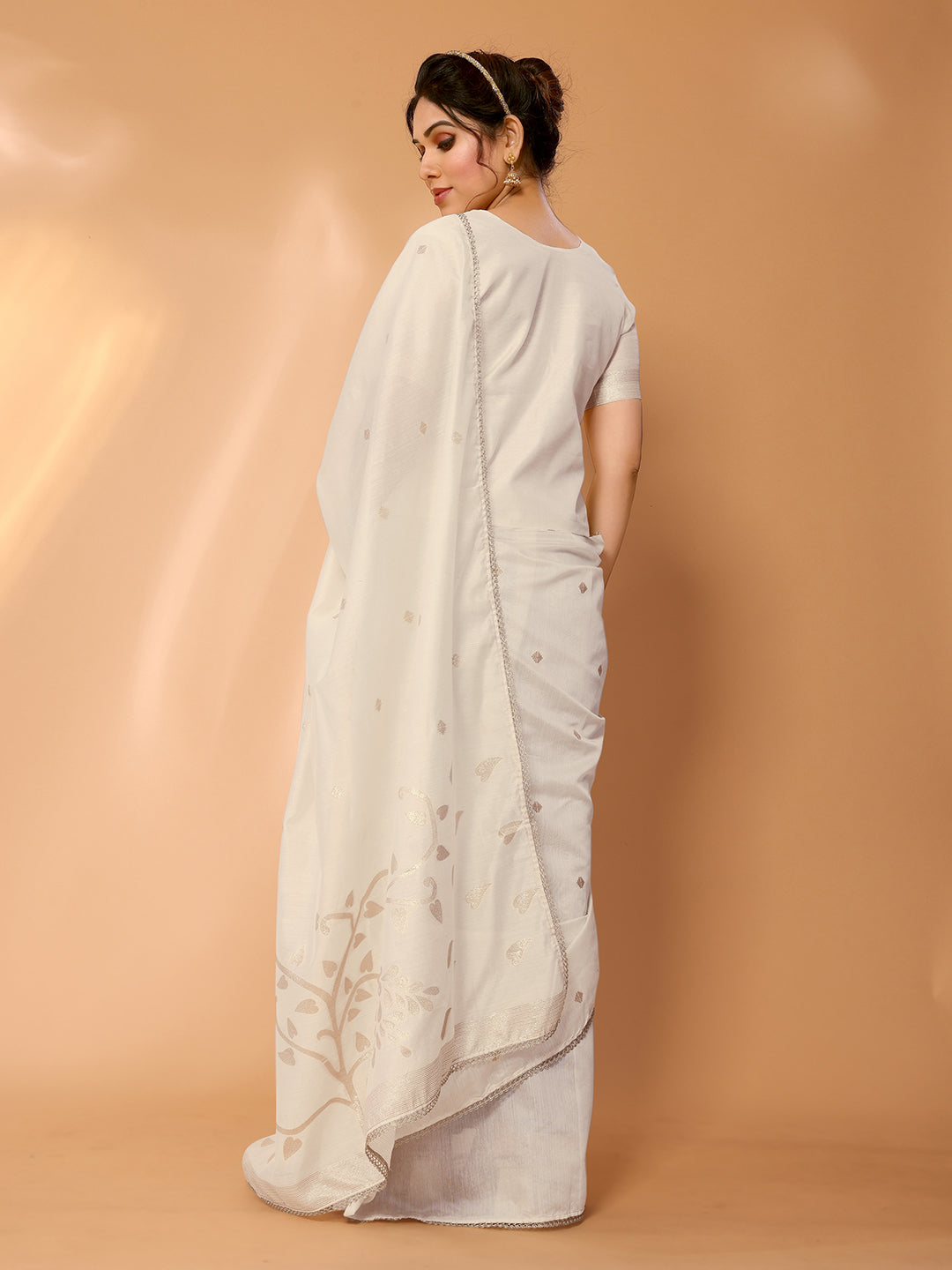 Bone White Woven Chanderi Cotton Saree