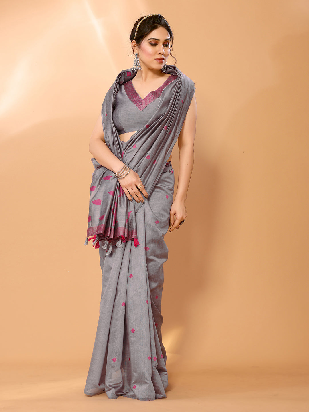 Dusty Grey Woven Chanderi Cotton Saree