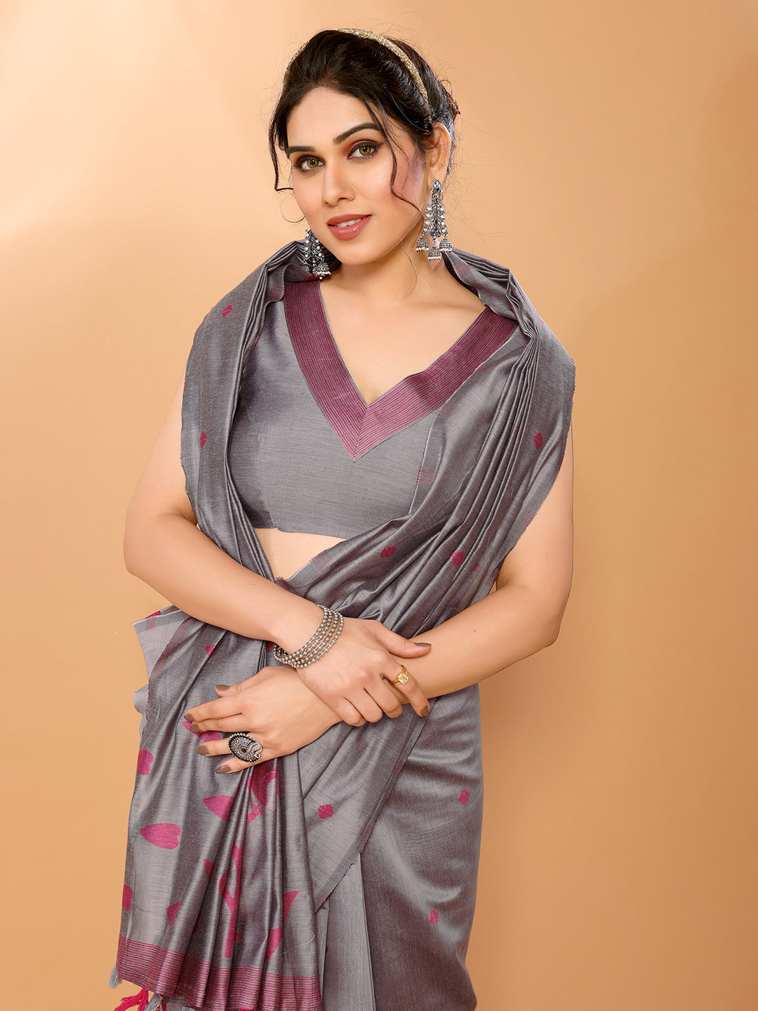 Dusty Grey Woven Chanderi Cotton Saree