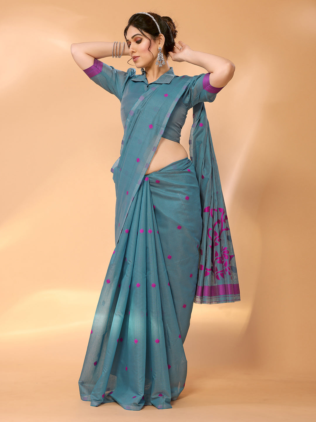 Smalt Blue Woven Chanderi Cotton Saree