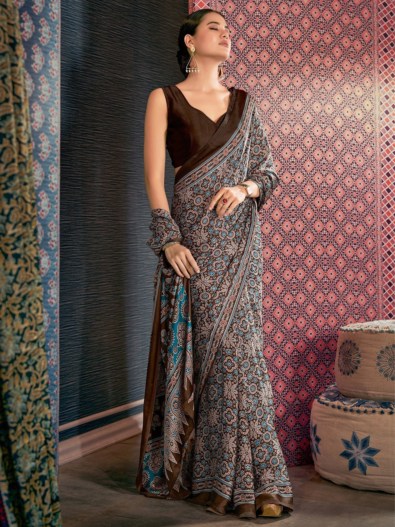 Lime Blue and Brown Digital Printed Ajrakh Satin Crepe Saree