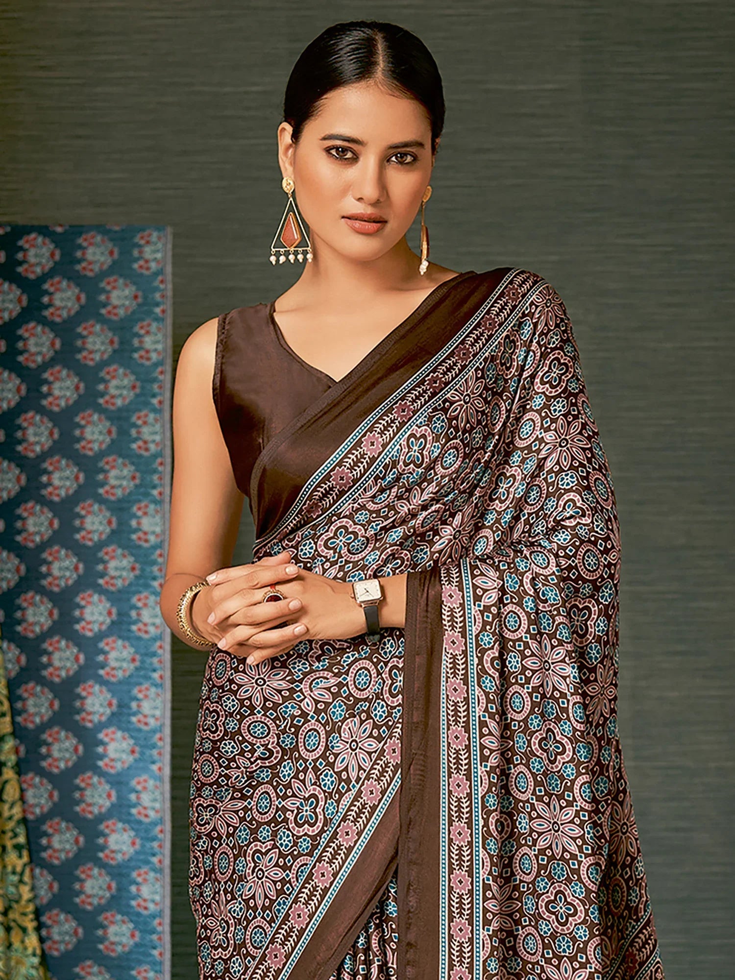 Lime Blue and Brown Digital Printed Ajrakh Satin Crepe Saree