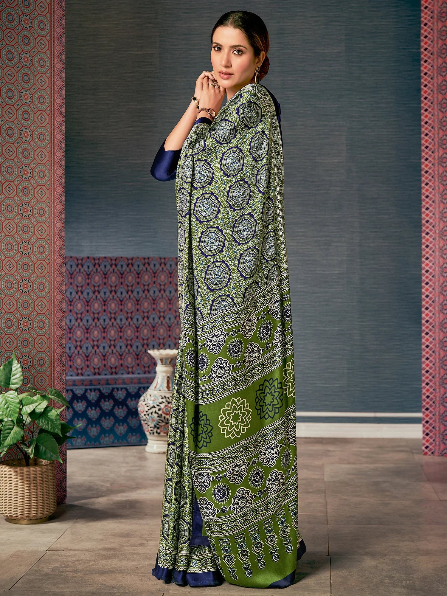 Olive Green Digital Printed Ajrakh Satin Crepe Saree