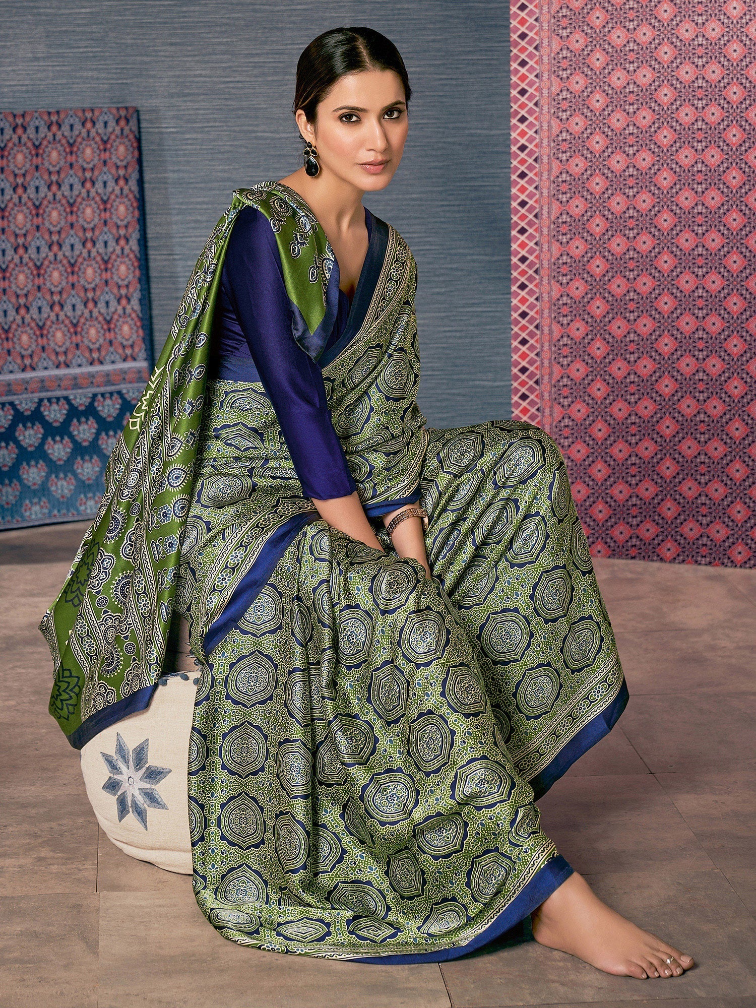 Olive Green Digital Printed Ajrakh Satin Crepe Saree