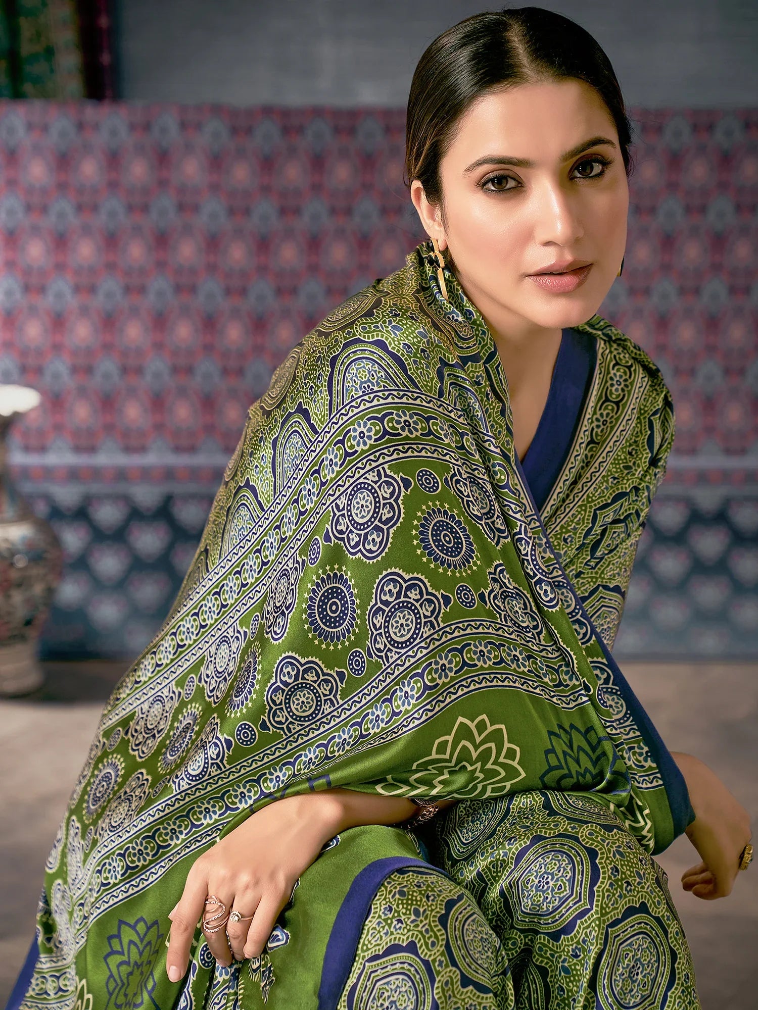 Olive Green Digital Printed Ajrakh Satin Crepe Saree