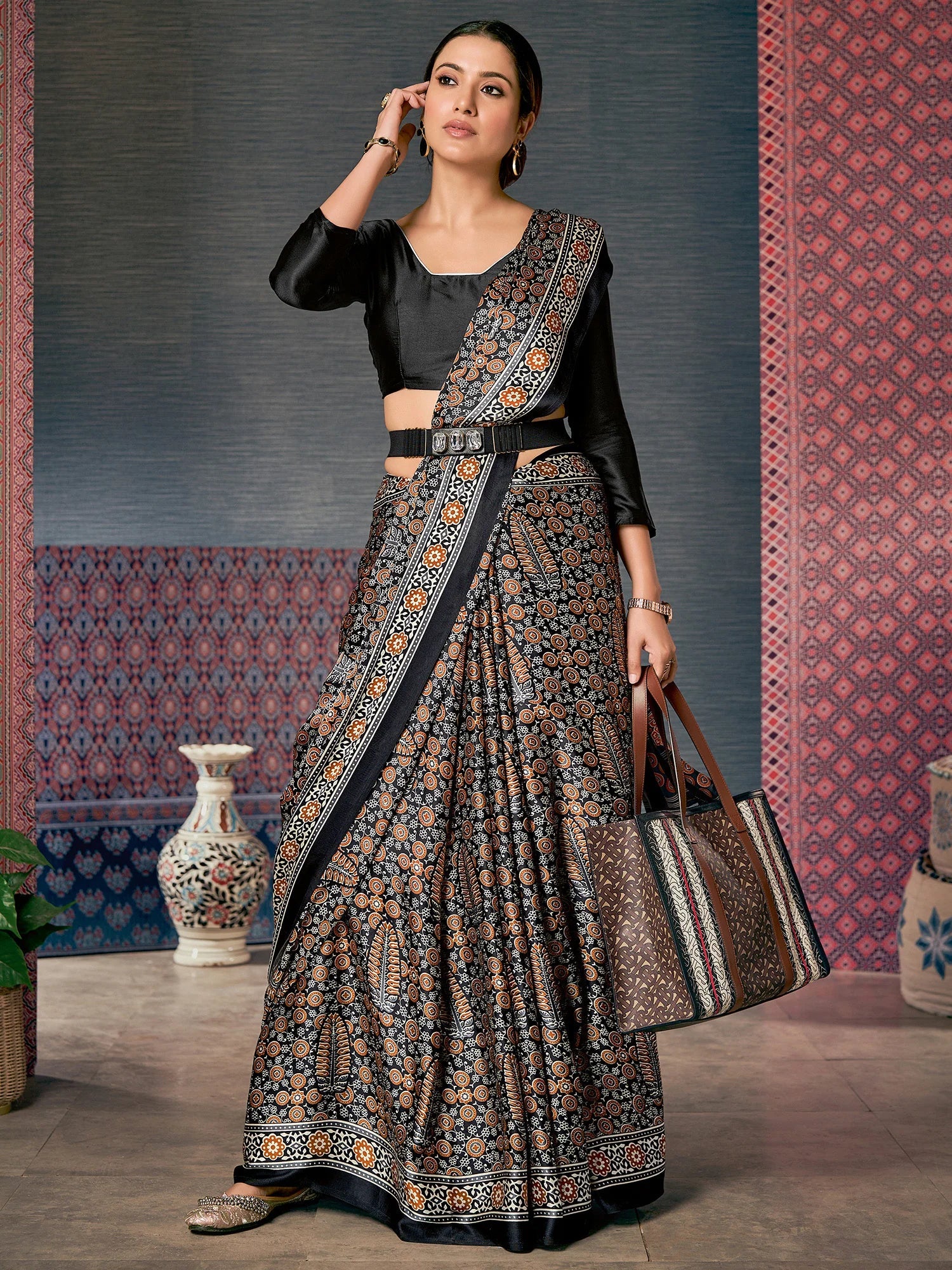 Metal Black and Brown Digital Printed Ajrakh Satin Crepe Saree