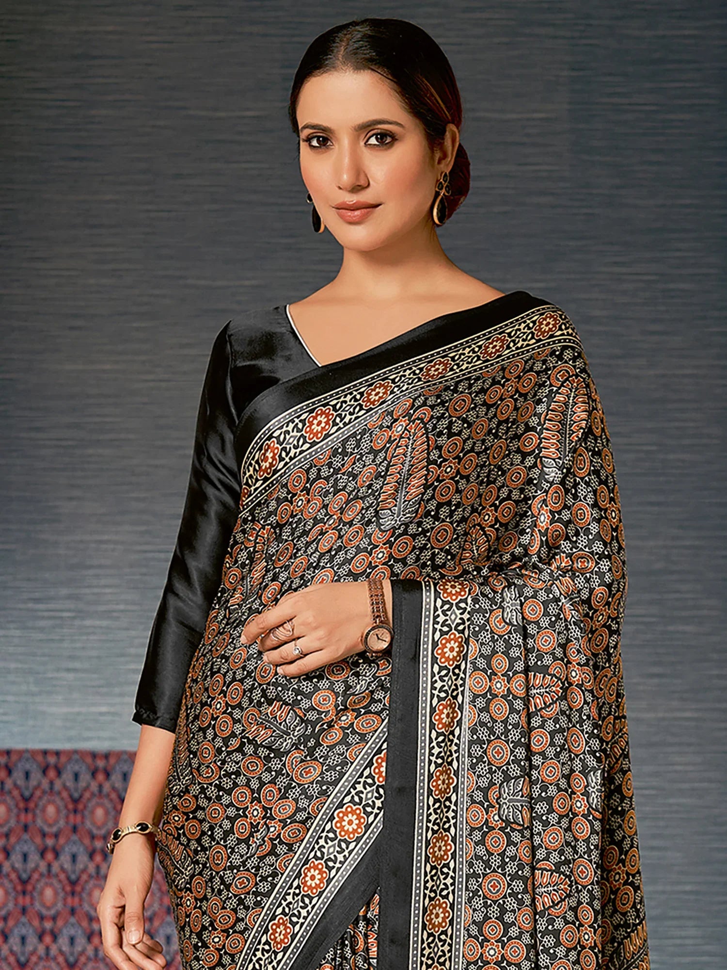 Metal Black and Brown Digital Printed Ajrakh Satin Crepe Saree