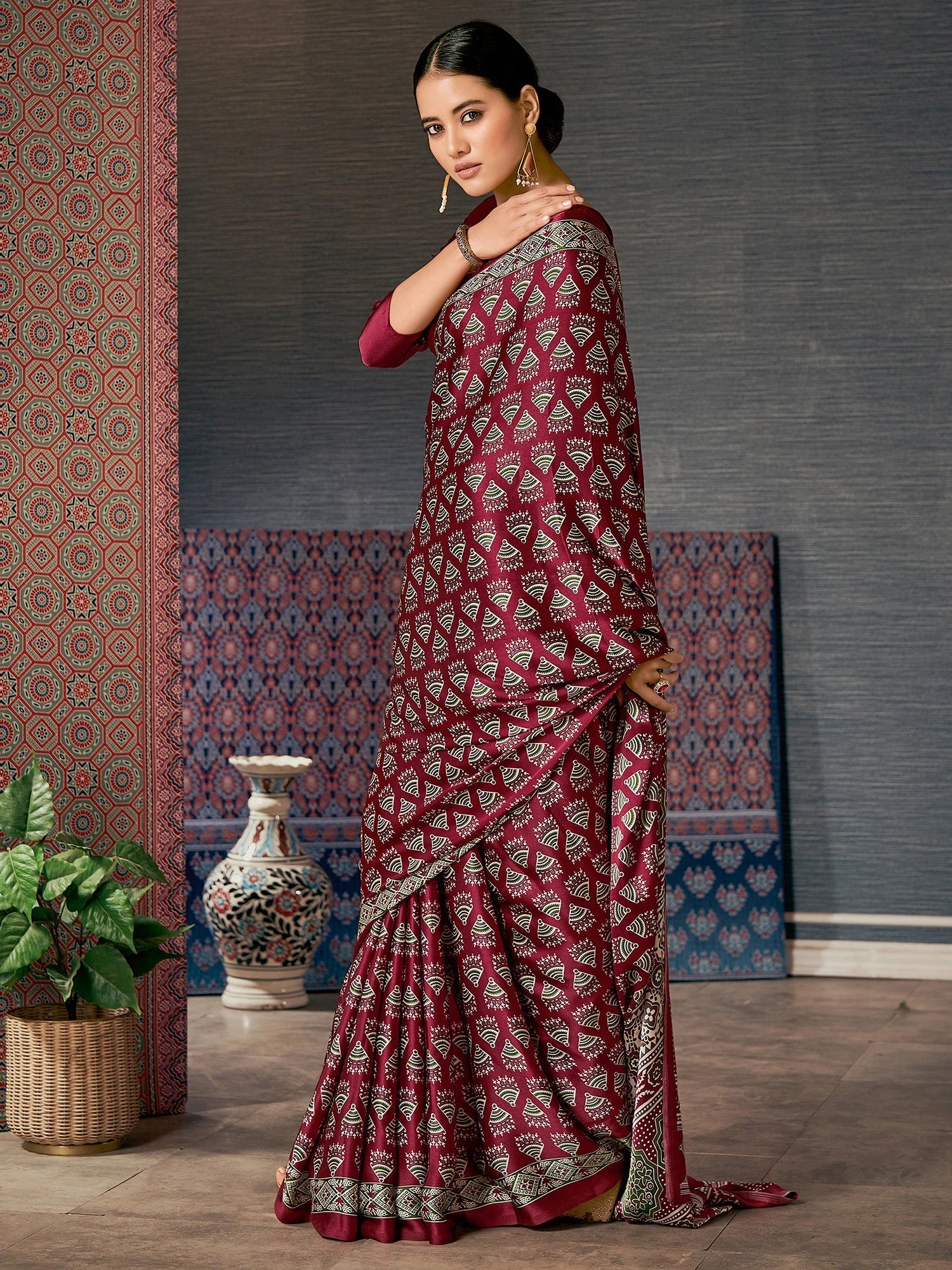 Claret Maroon Digital Printed Ajrakh Satin Crepe Saree