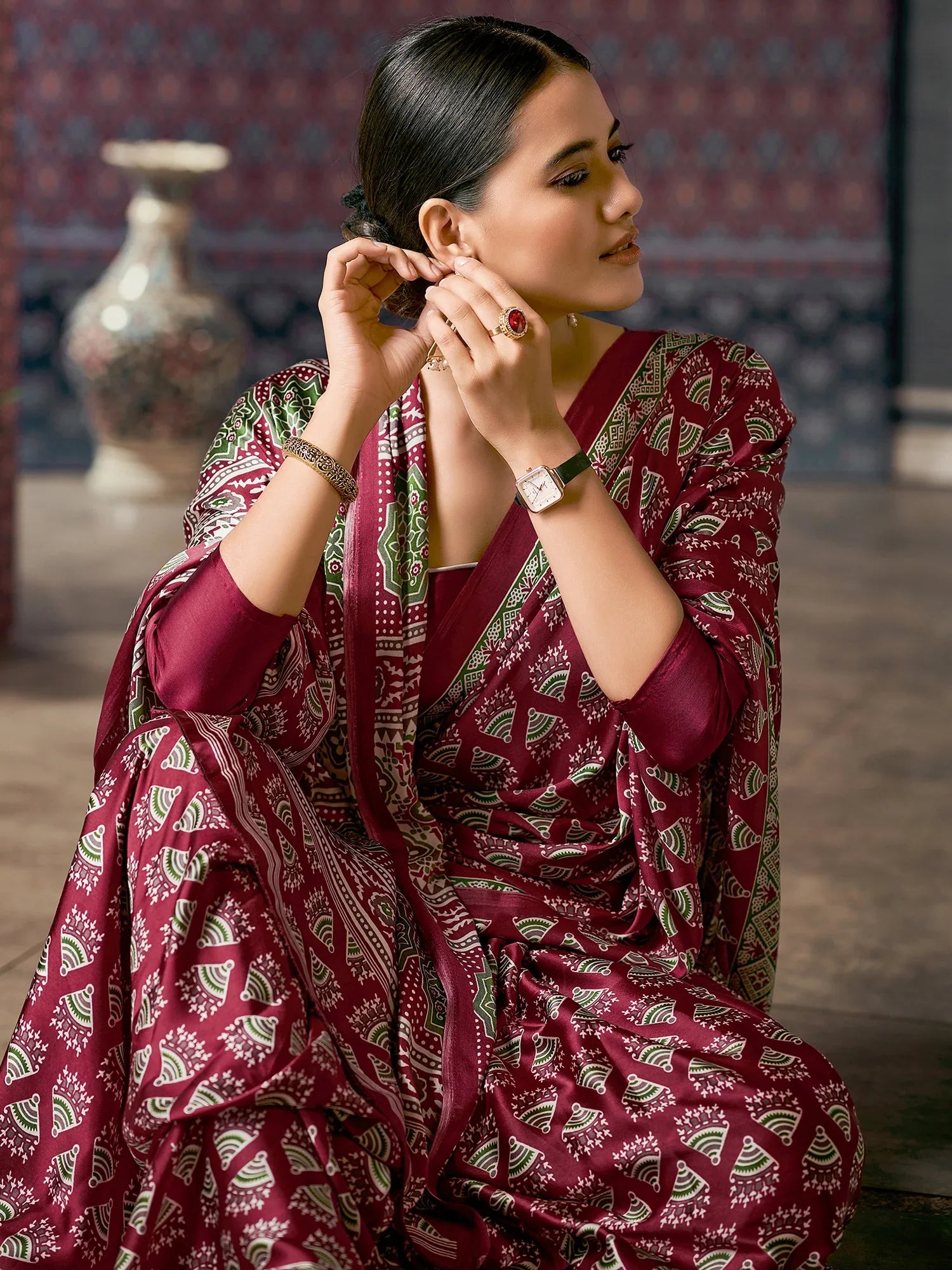 Claret Maroon Digital Printed Ajrakh Satin Crepe Saree