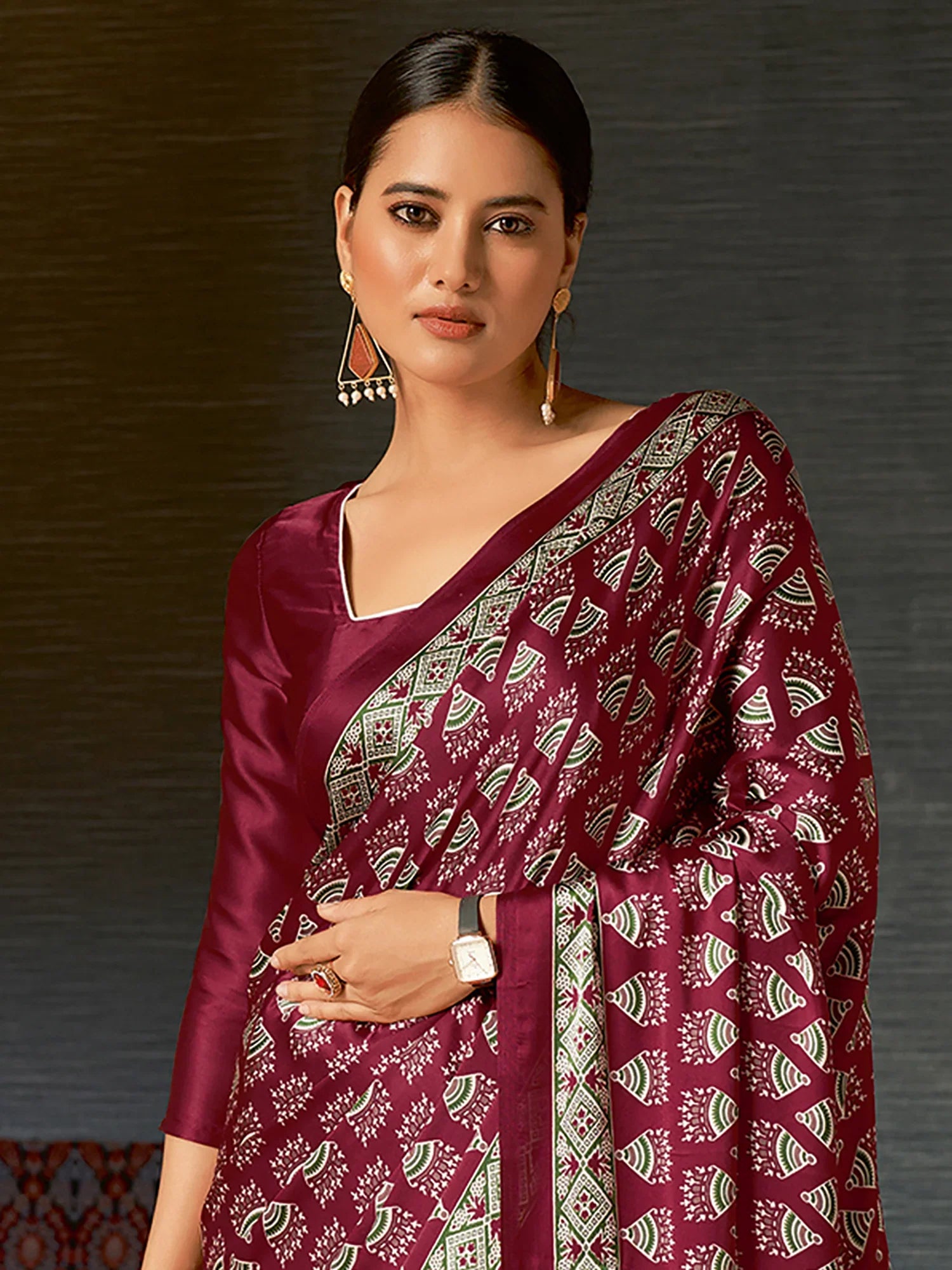 Claret Maroon Digital Printed Ajrakh Satin Crepe Saree