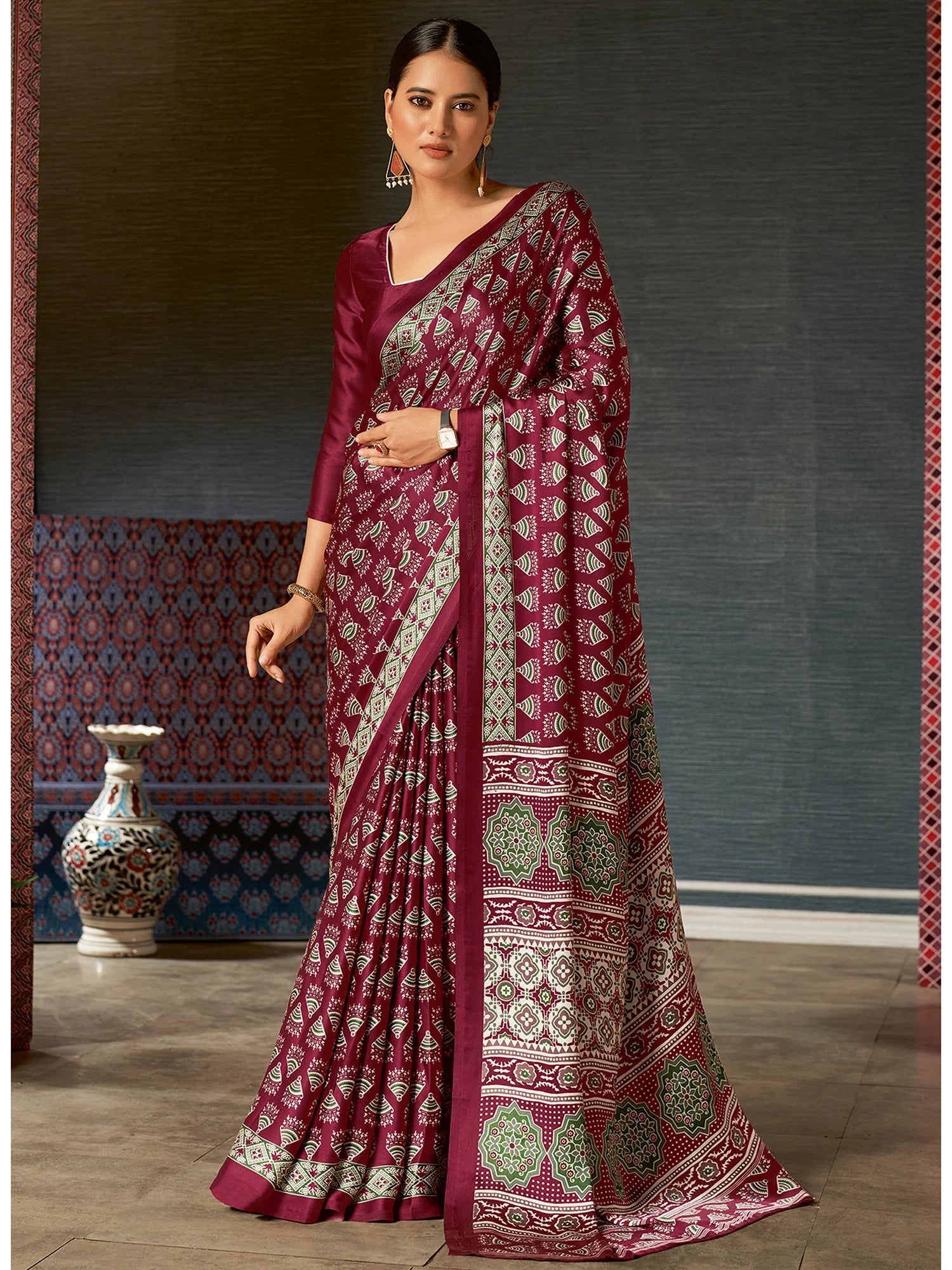 Claret Maroon Digital Printed Ajrakh Satin Crepe Saree