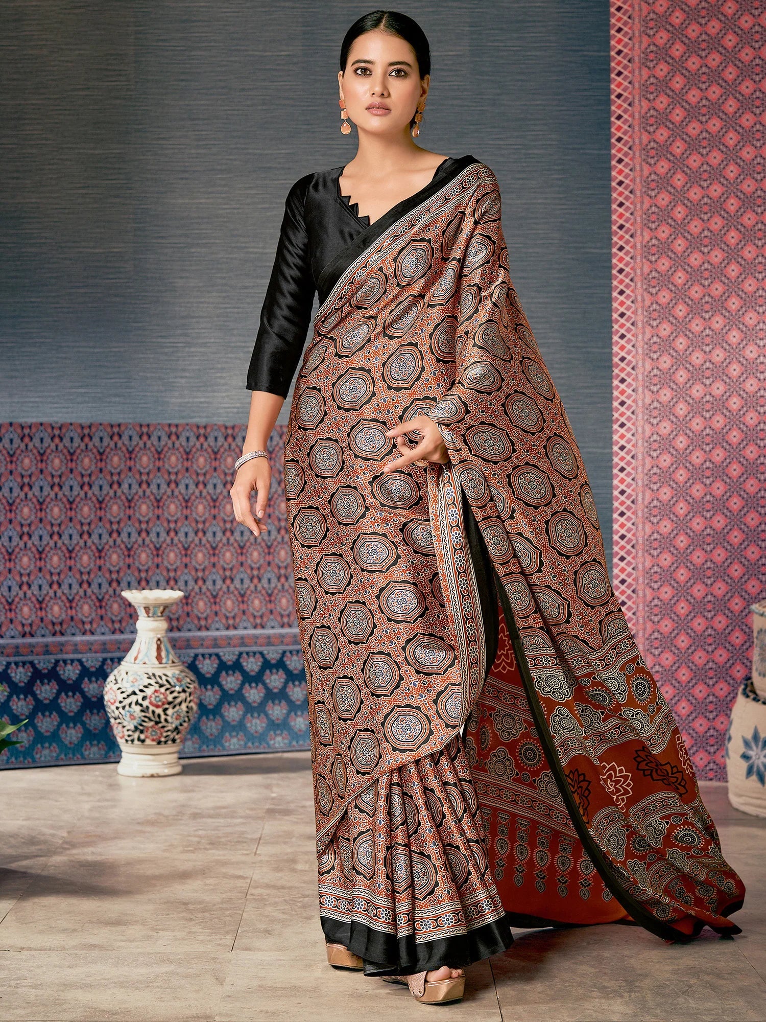 Chocolate Brown Digital Printed Ajrakh Satin Crepe Saree