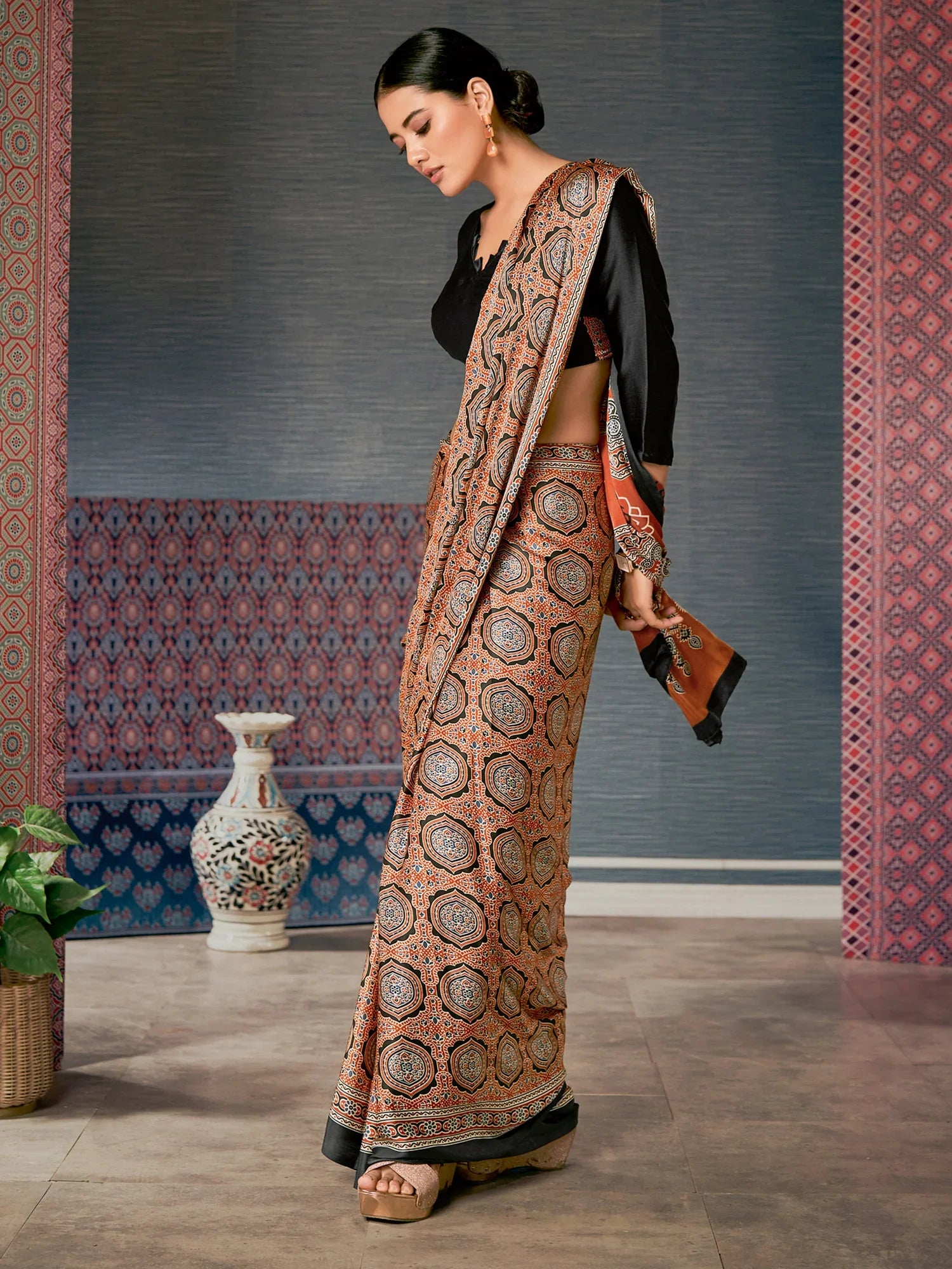 Chocolate Brown Digital Printed Ajrakh Satin Crepe Saree