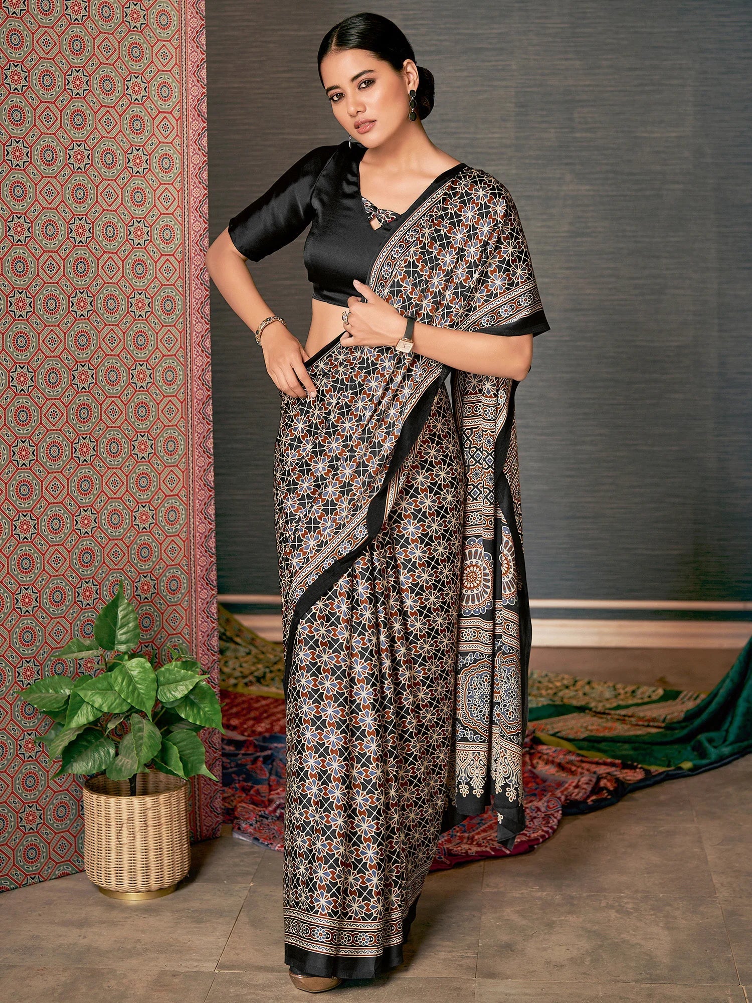 Mine Shaft Black Digital Printed Ajrakh Satin Crepe Saree