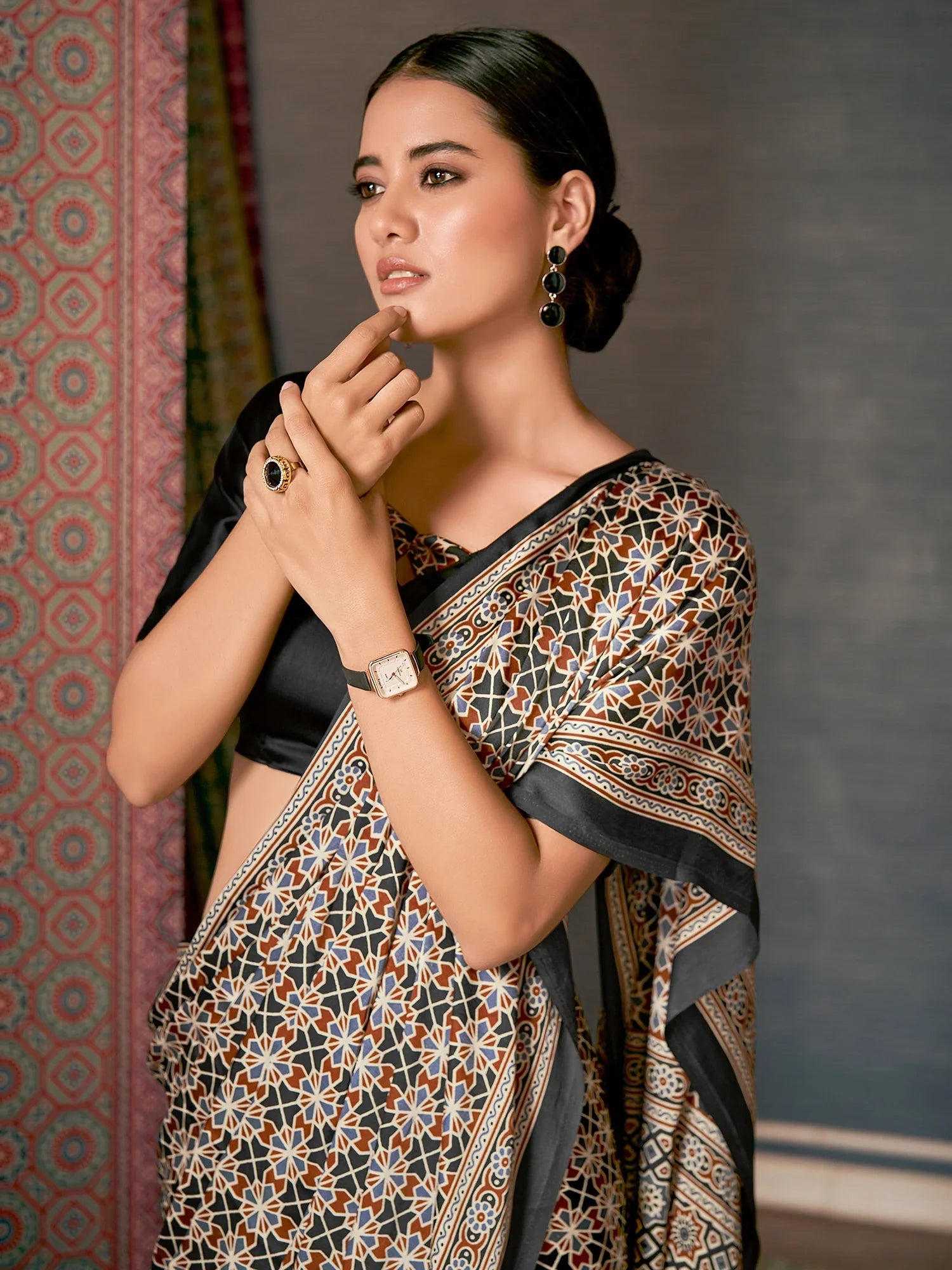 Mine Shaft Black Digital Printed Ajrakh Satin Crepe Saree