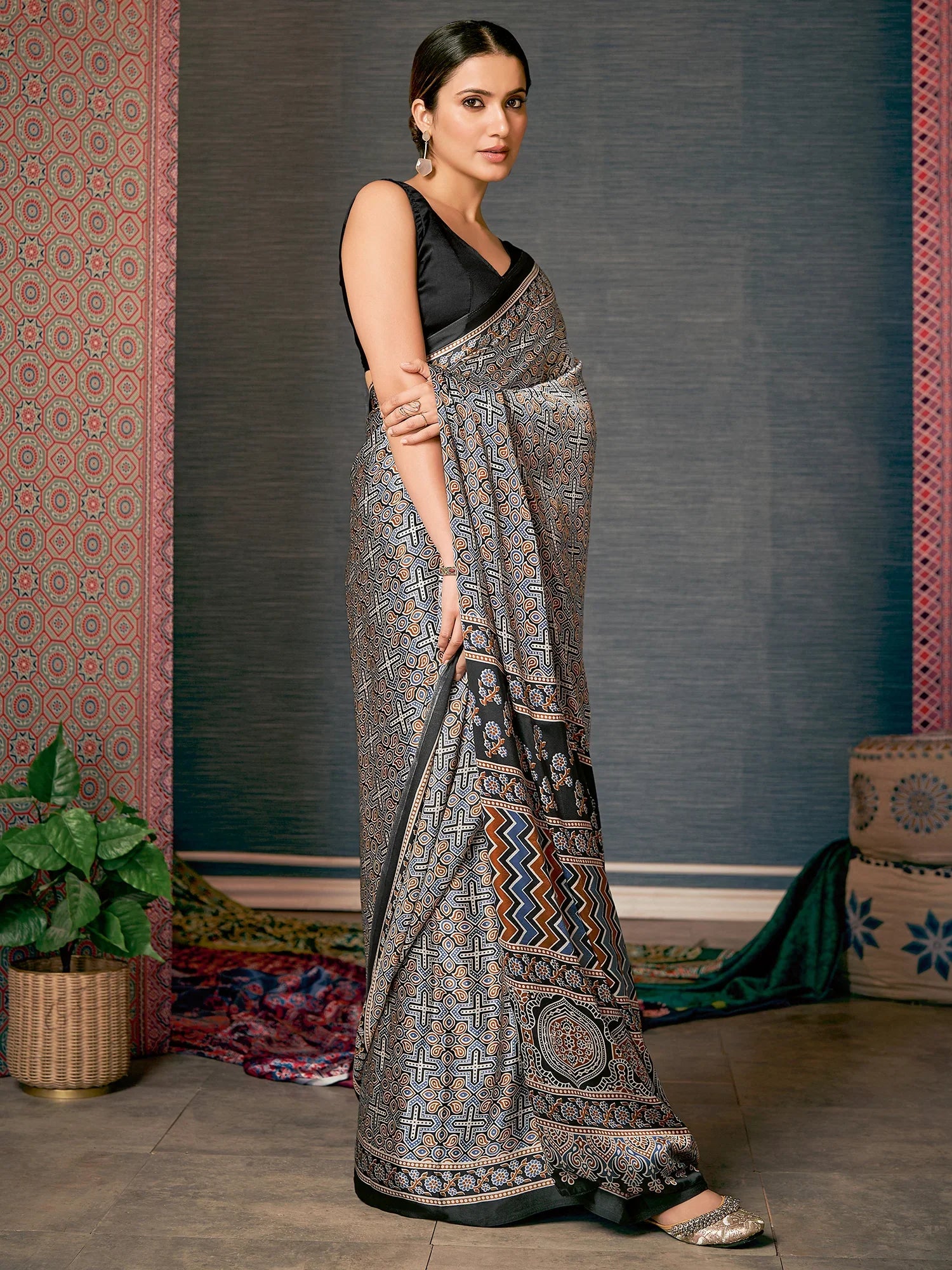 Elegant Grey Digital Printed Ajrakh Satin Crepe Saree