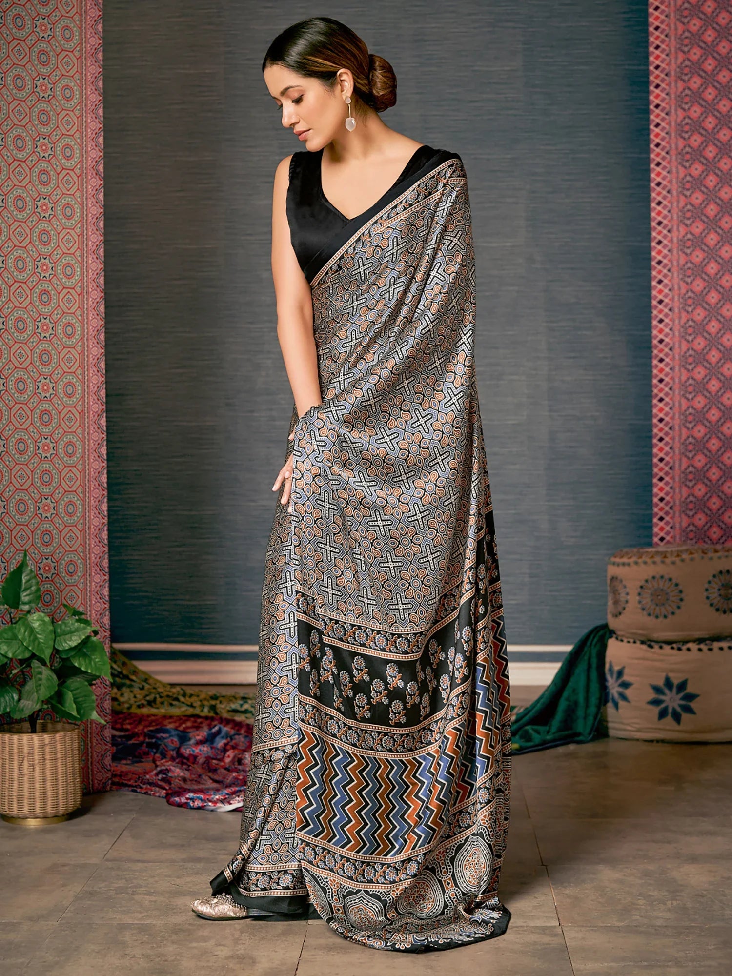 Elegant Grey Digital Printed Ajrakh Satin Crepe Saree