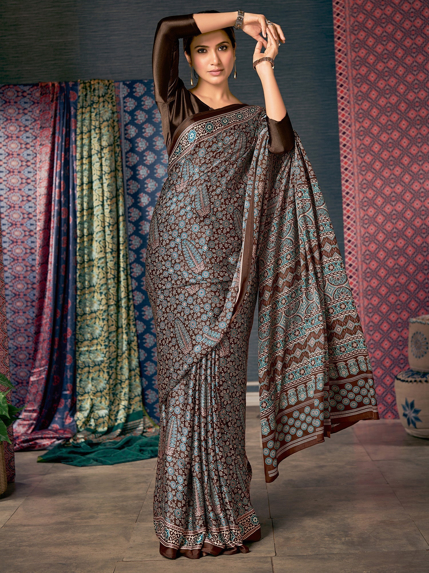 Coco Brown Digital Printed Ajrakh Satin Crepe Saree