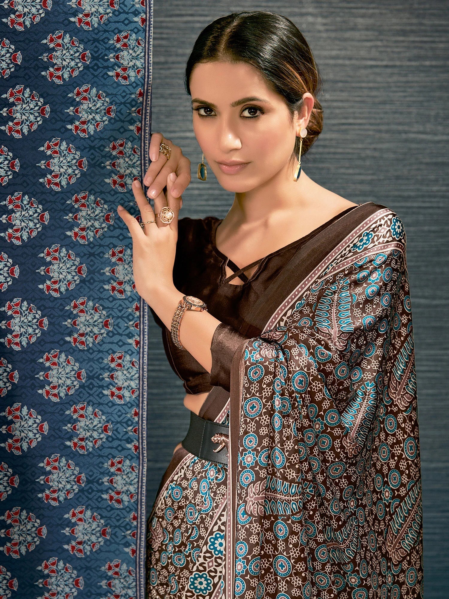 Coco Brown Digital Printed Ajrakh Satin Crepe Saree