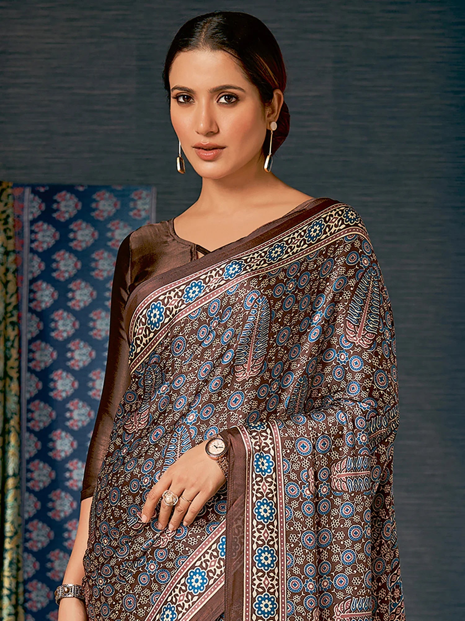 Coco Brown Digital Printed Ajrakh Satin Crepe Saree