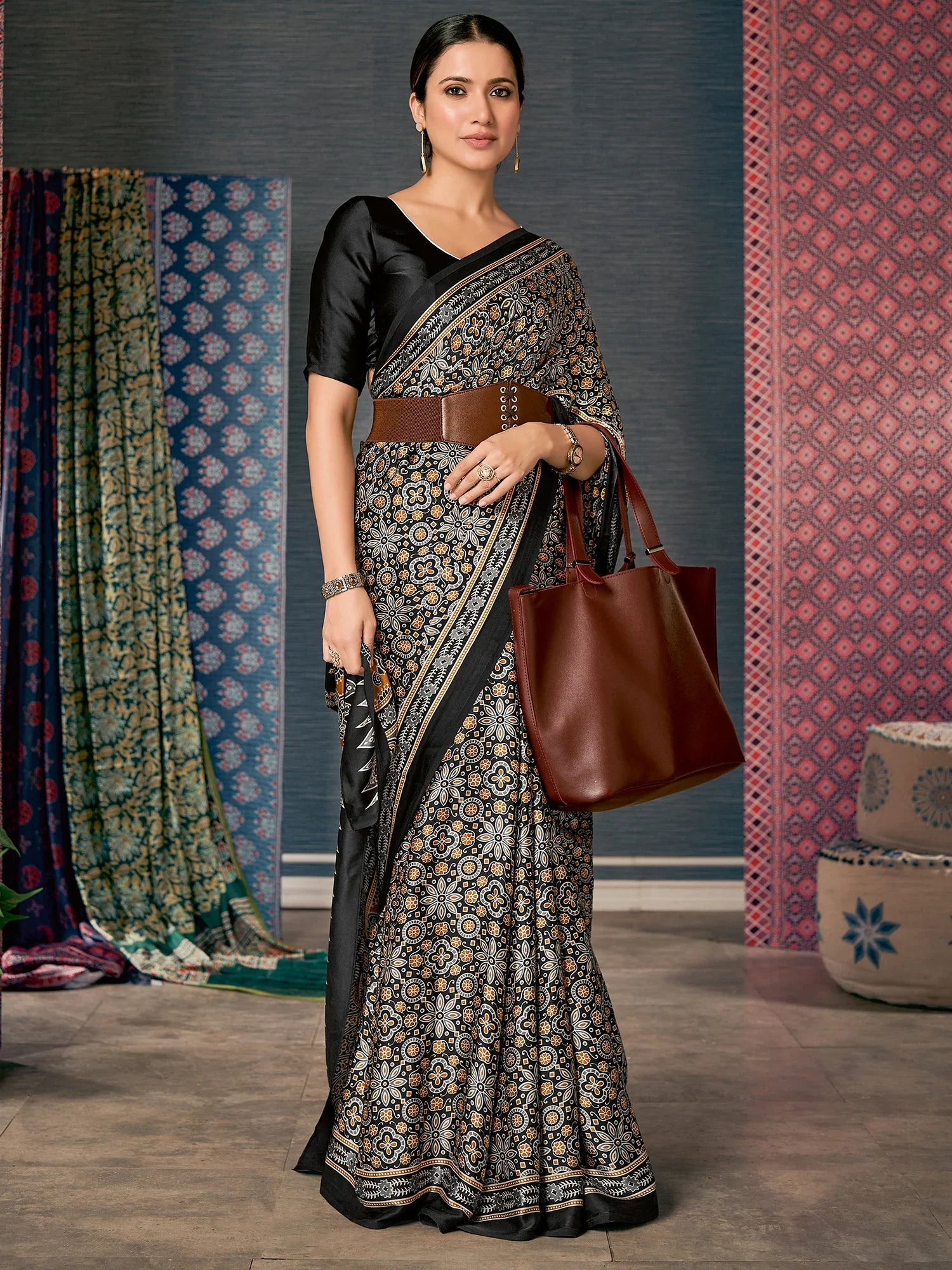 Tuna Black Digital Printed Ajrakh Satin Crepe Saree