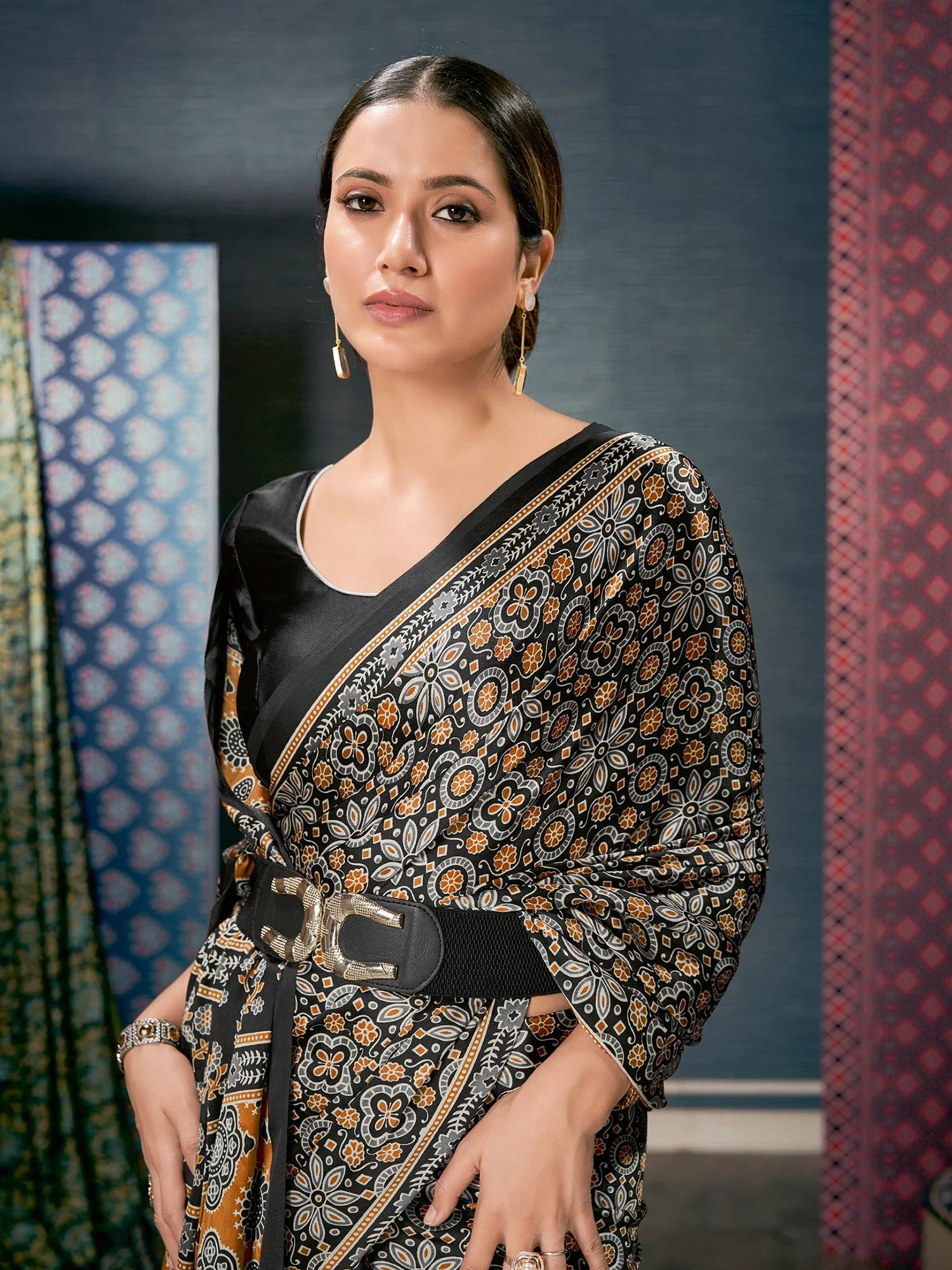 Tuna Black Digital Printed Ajrakh Satin Crepe Saree