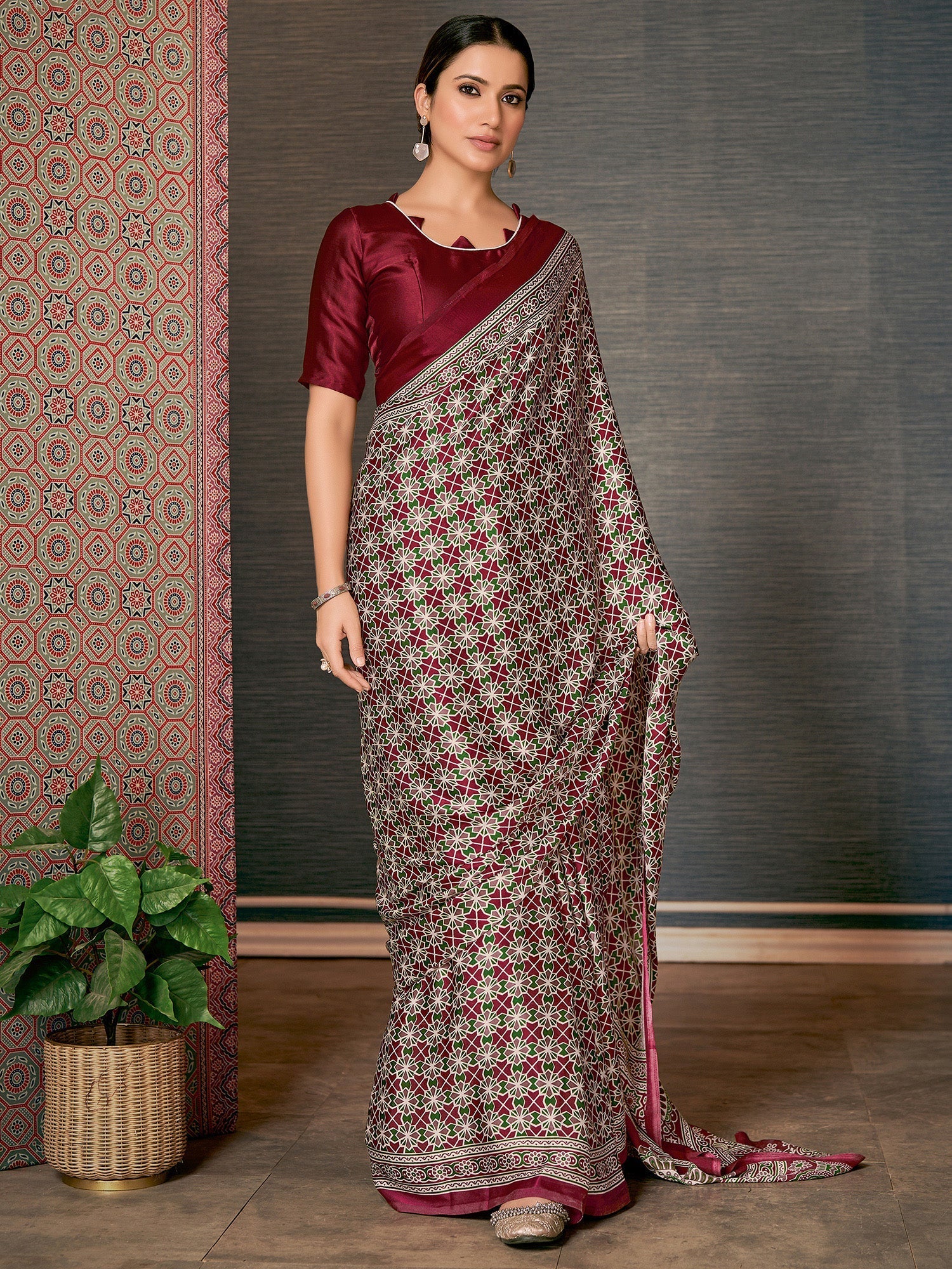 Dark Tan Maroon Digital Printed Ajrakh Satin Crepe Saree