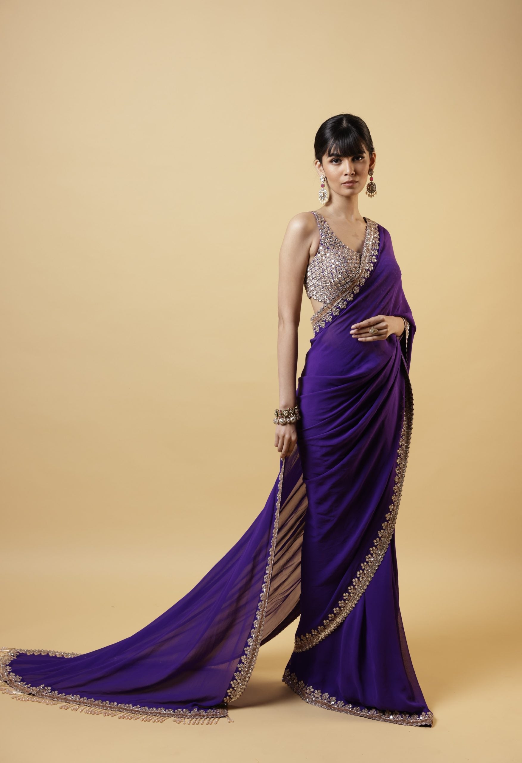 Faux Georgette Saree With Gold Thread Embroidery Arc Work Border