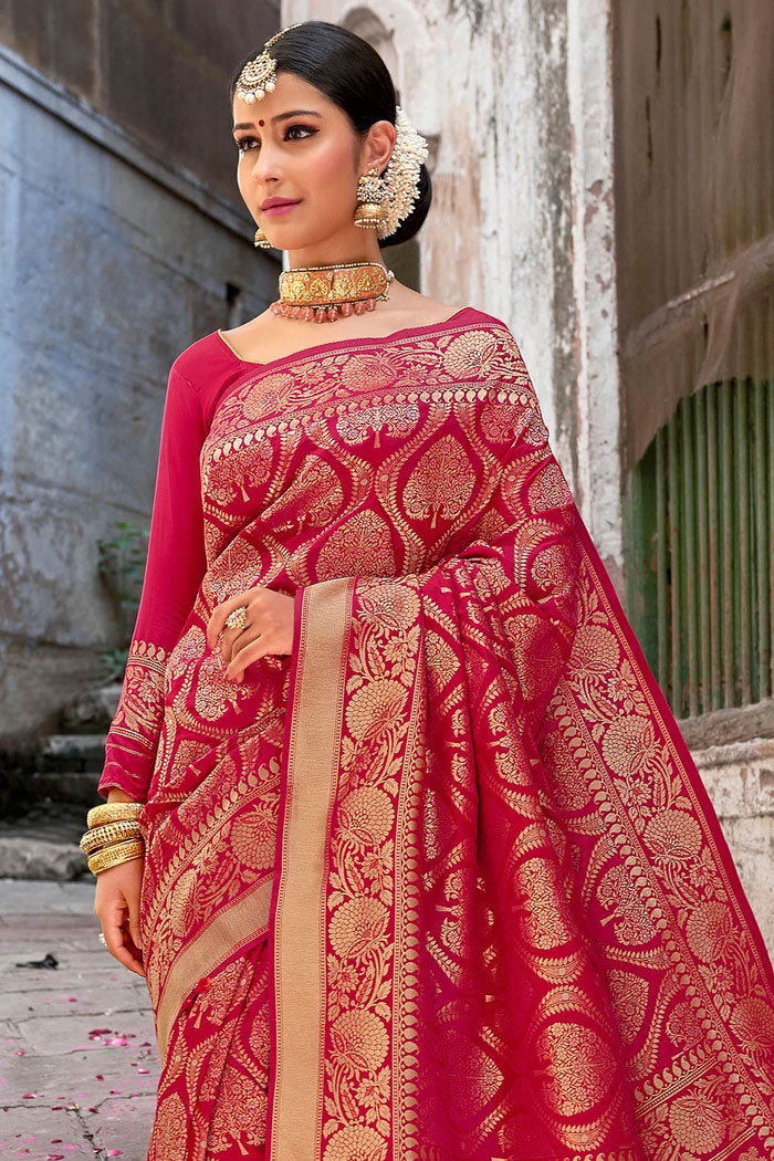 Amaranth Pink Zari Woven Banarasi Saree