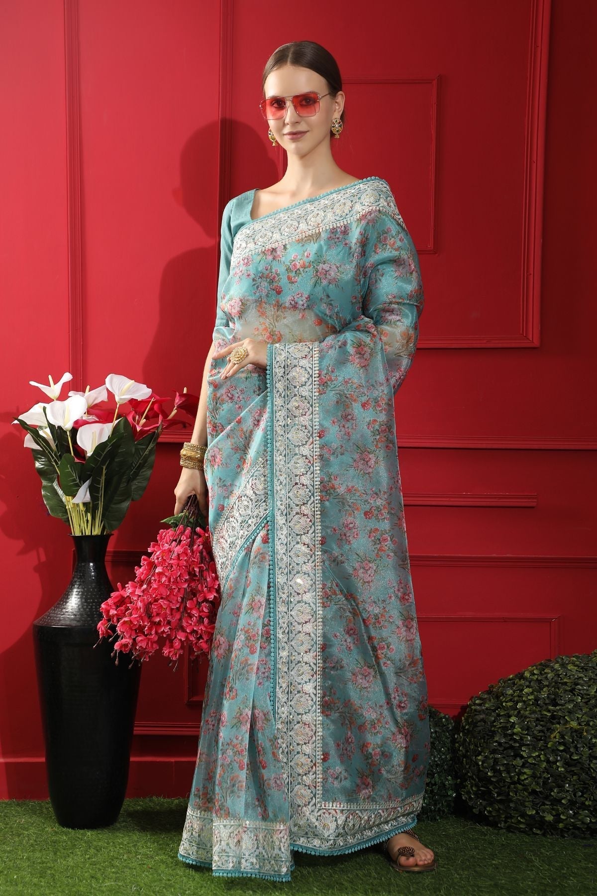 Morning Glory Blue Woven organza Silk Saree